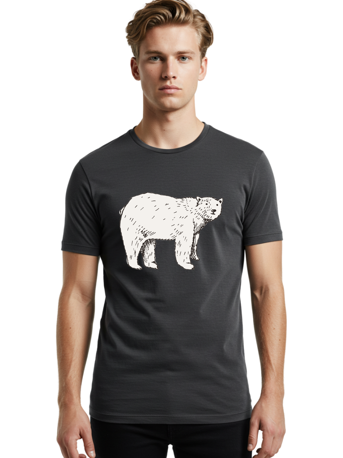 Polar-Bear-1 Men'S Graphic Tee, 100% Cotton, Comfortable Casual Summer Wear, Machine Washable, Polar Bear Illustration, White Bear, Black Outline, Wildlife Art, Polar Bear Drawing, Arctic Animal, Furry Creature, Animal Graphic Aab052