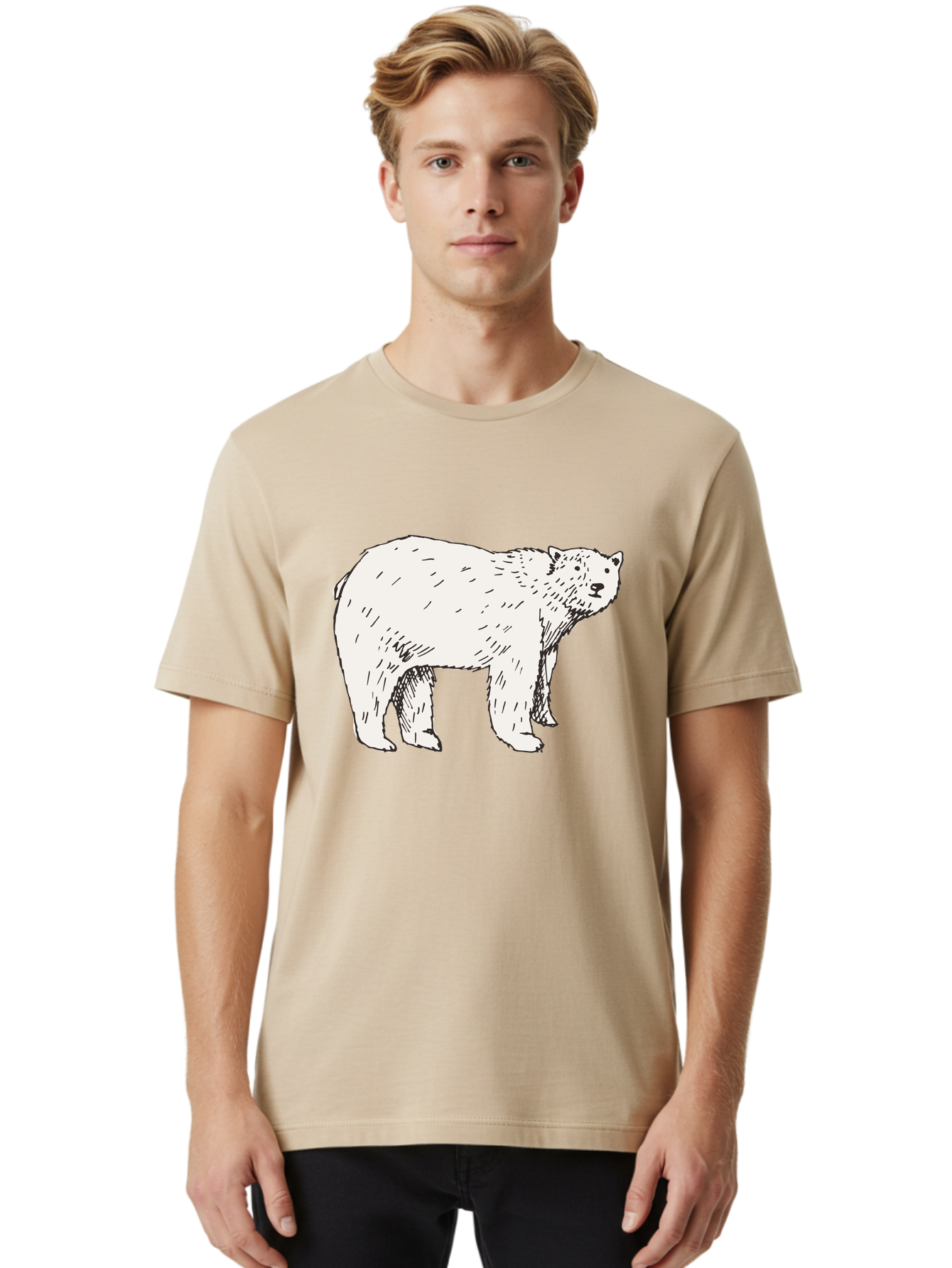 Polar-Bear-1 Men'S Graphic Tee, 100% Cotton, Comfortable Casual Summer Wear, Machine Washable, Polar Bear Illustration, White Bear, Black Outline, Wildlife Art, Polar Bear Drawing, Arctic Animal, Furry Creature, Animal Graphic Aab052