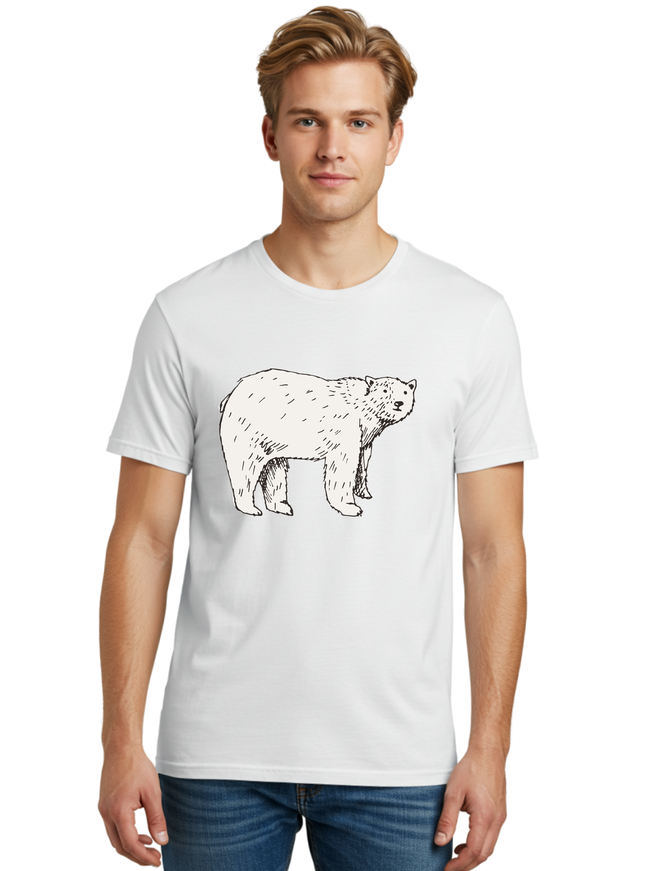 Polar-Bear-1 Men'S Graphic Tee, 100% Cotton, Comfortable Casual Summer Wear, Machine Washable, Polar Bear Illustration, White Bear, Black Outline, Wildlife Art, Polar Bear Drawing, Arctic Animal, Furry Creature, Animal Graphic Aab052