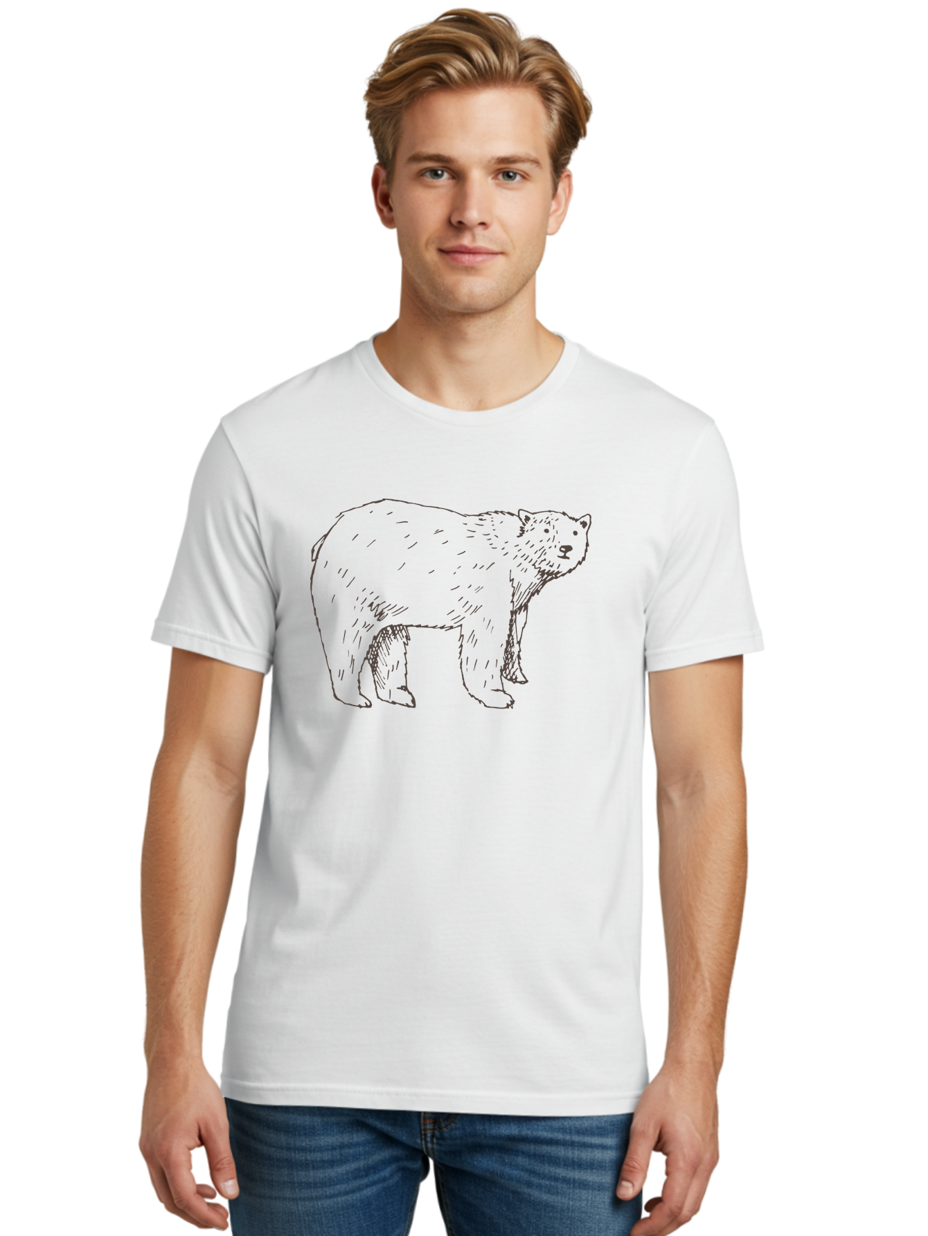 Polar-Bear Men'S Graphic Tee, 100% Cotton, Comfortable Casual Summer Wear, Machine Washable, Illustrated Bear, Wildlife Art, Hand Drawn Animal, Simple Line Art, Bear Portrait, Wild Animal Illustration, Minimalist Design Aab053