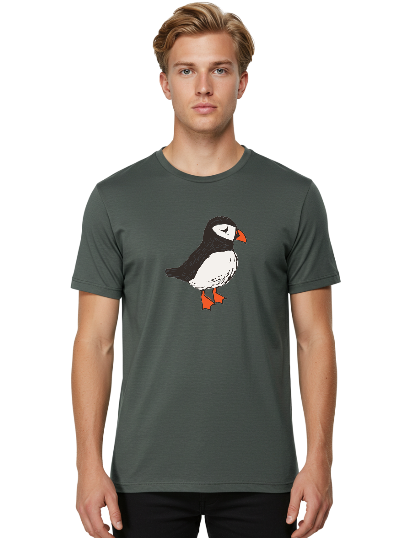 Puffin Men'S Graphic Tee, 100% Cotton, Comfortable Casual Summer Wear, Machine Washable, Cartoon Puffin, Black And White Bird, Orange Beak, Orange Feet, Seabird, Wildlife Illustration, Cute Animal, Hand-Drawn Art Aab057