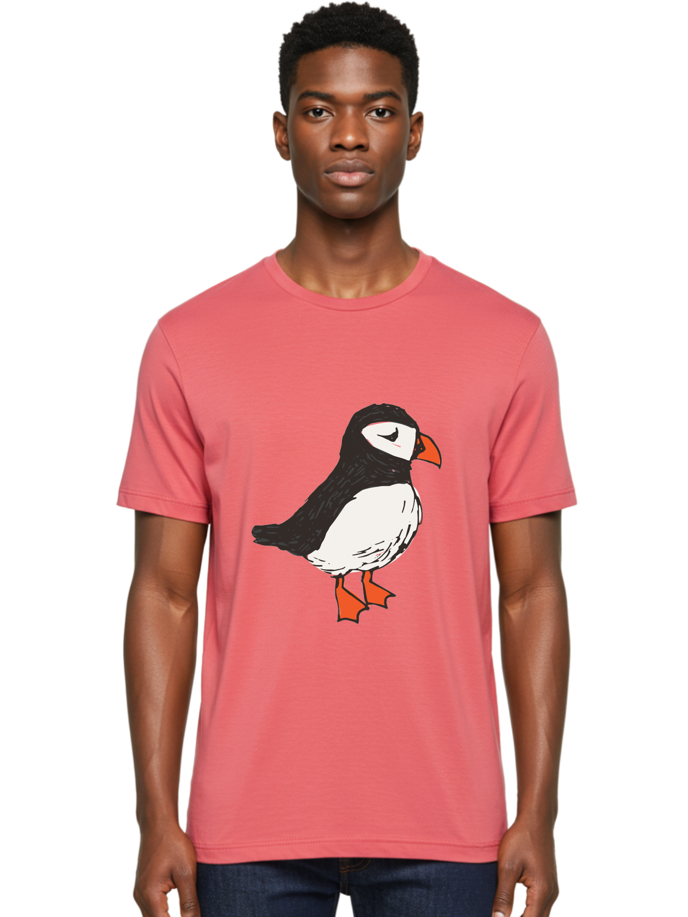 Puffin Men'S Graphic Tee, 100% Cotton, Comfortable Casual Summer Wear, Machine Washable, Cartoon Puffin, Black And White Bird, Orange Beak, Orange Feet, Seabird, Wildlife Illustration, Cute Animal, Hand-Drawn Art Aab057