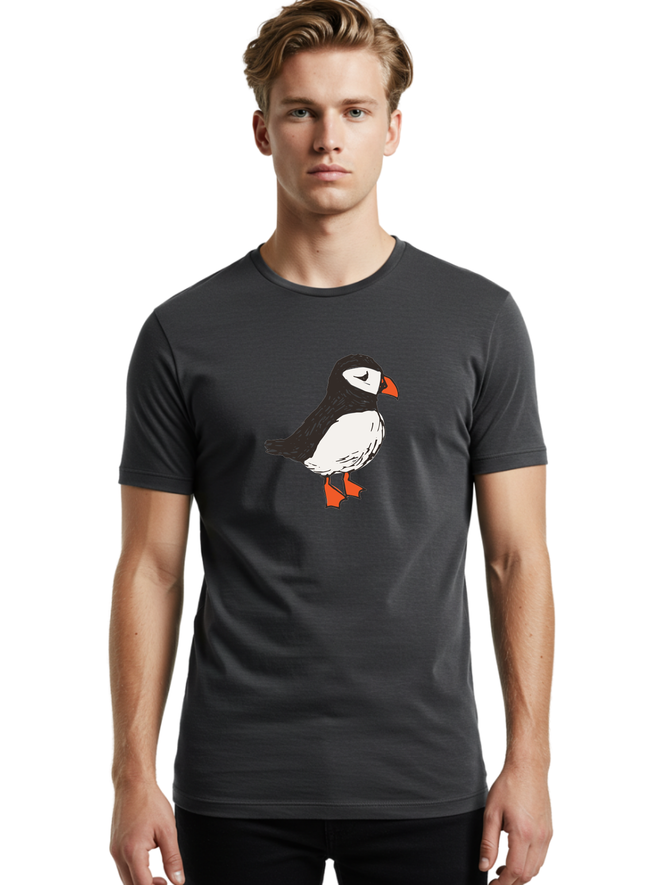 Puffin Men'S Graphic Tee, 100% Cotton, Comfortable Casual Summer Wear, Machine Washable, Cartoon Puffin, Black And White Bird, Orange Beak, Orange Feet, Seabird, Wildlife Illustration, Cute Animal, Hand-Drawn Art Aab057