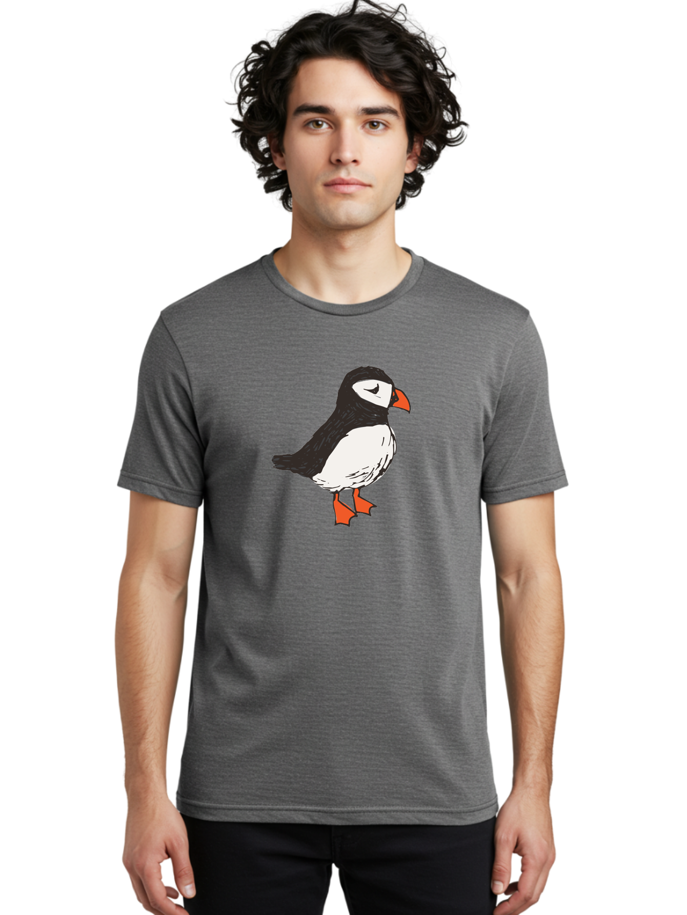 Puffin Men'S Graphic Tee, 100% Cotton, Comfortable Casual Summer Wear, Machine Washable, Cartoon Puffin, Black And White Bird, Orange Beak, Orange Feet, Seabird, Wildlife Illustration, Cute Animal, Hand-Drawn Art Aab057