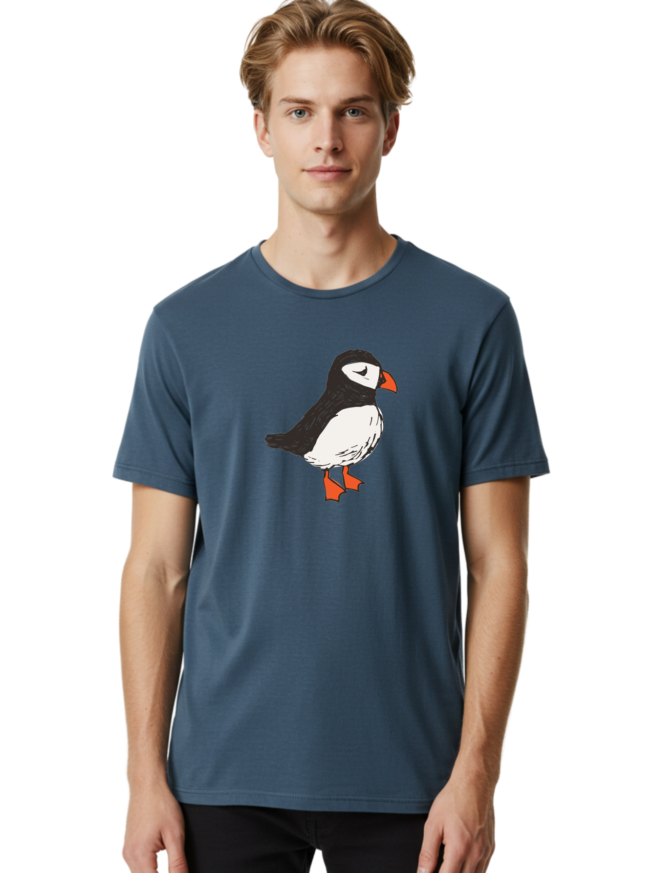 Puffin Men'S Graphic Tee, 100% Cotton, Comfortable Casual Summer Wear, Machine Washable, Cartoon Puffin, Black And White Bird, Orange Beak, Orange Feet, Seabird, Wildlife Illustration, Cute Animal, Hand-Drawn Art Aab057