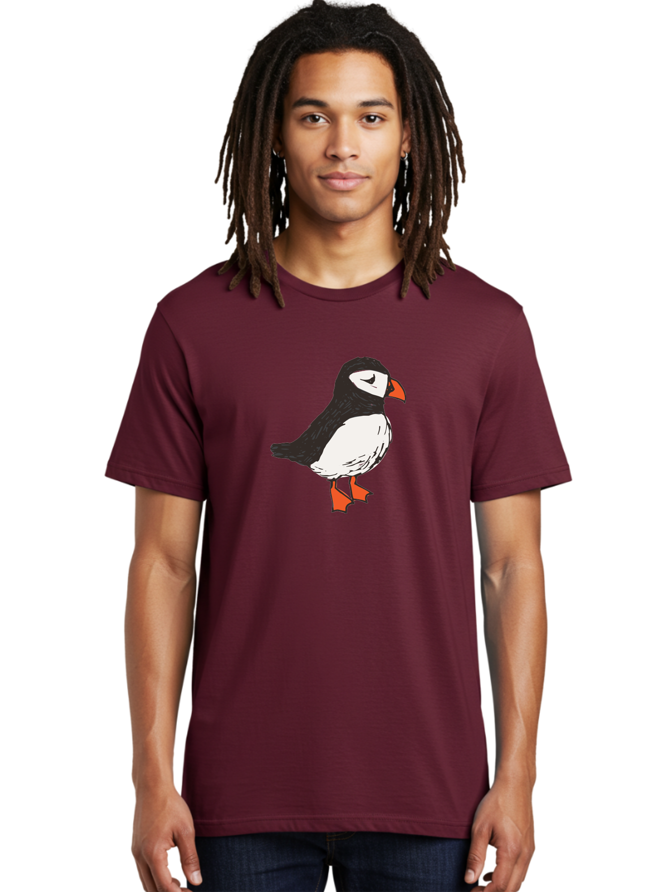 Puffin Men'S Graphic Tee, 100% Cotton, Comfortable Casual Summer Wear, Machine Washable, Cartoon Puffin, Black And White Bird, Orange Beak, Orange Feet, Seabird, Wildlife Illustration, Cute Animal, Hand-Drawn Art Aab057