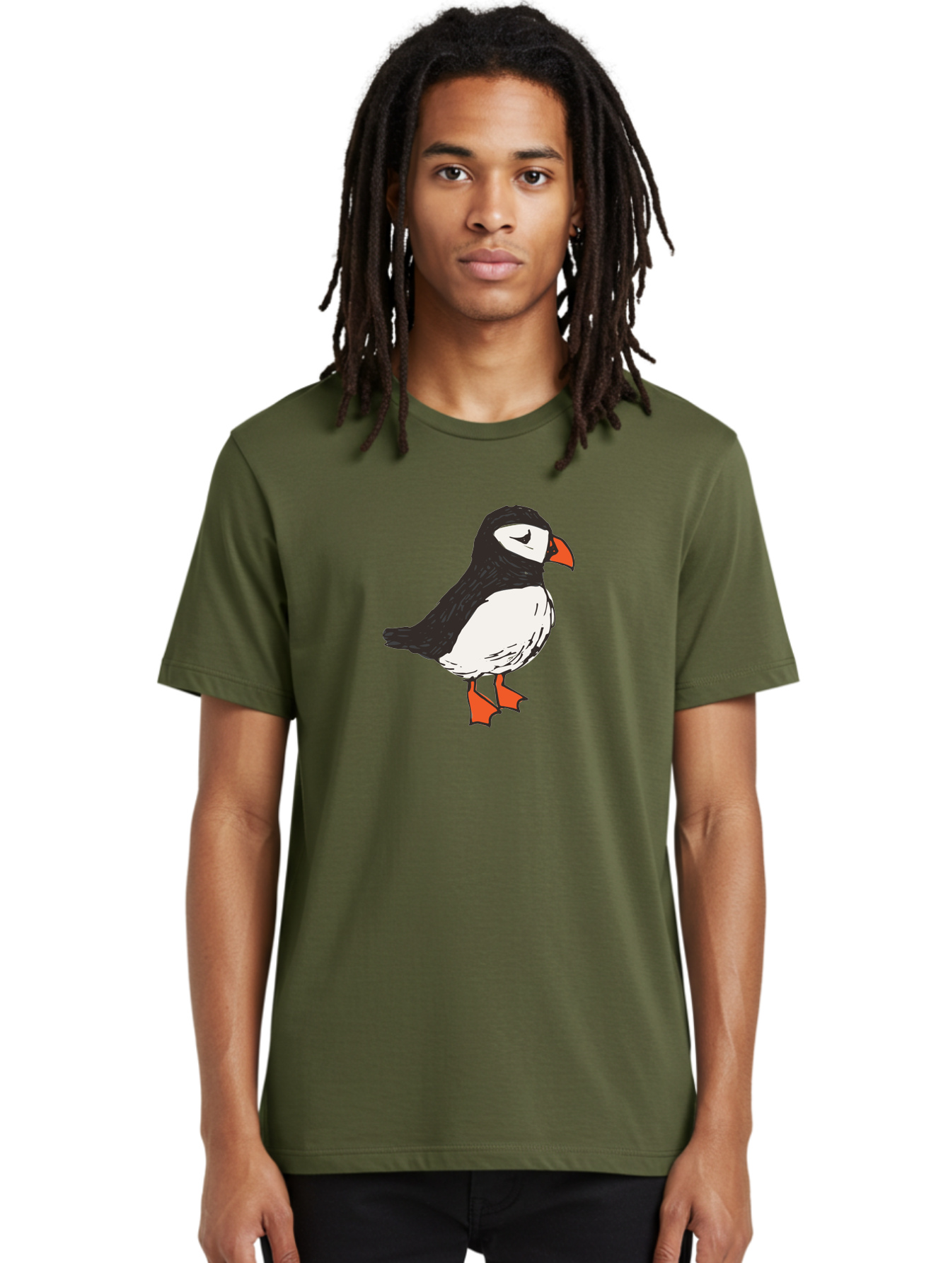 Puffin Men'S Graphic Tee, 100% Cotton, Comfortable Casual Summer Wear, Machine Washable, Cartoon Puffin, Black And White Bird, Orange Beak, Orange Feet, Seabird, Wildlife Illustration, Cute Animal, Hand-Drawn Art Aab057