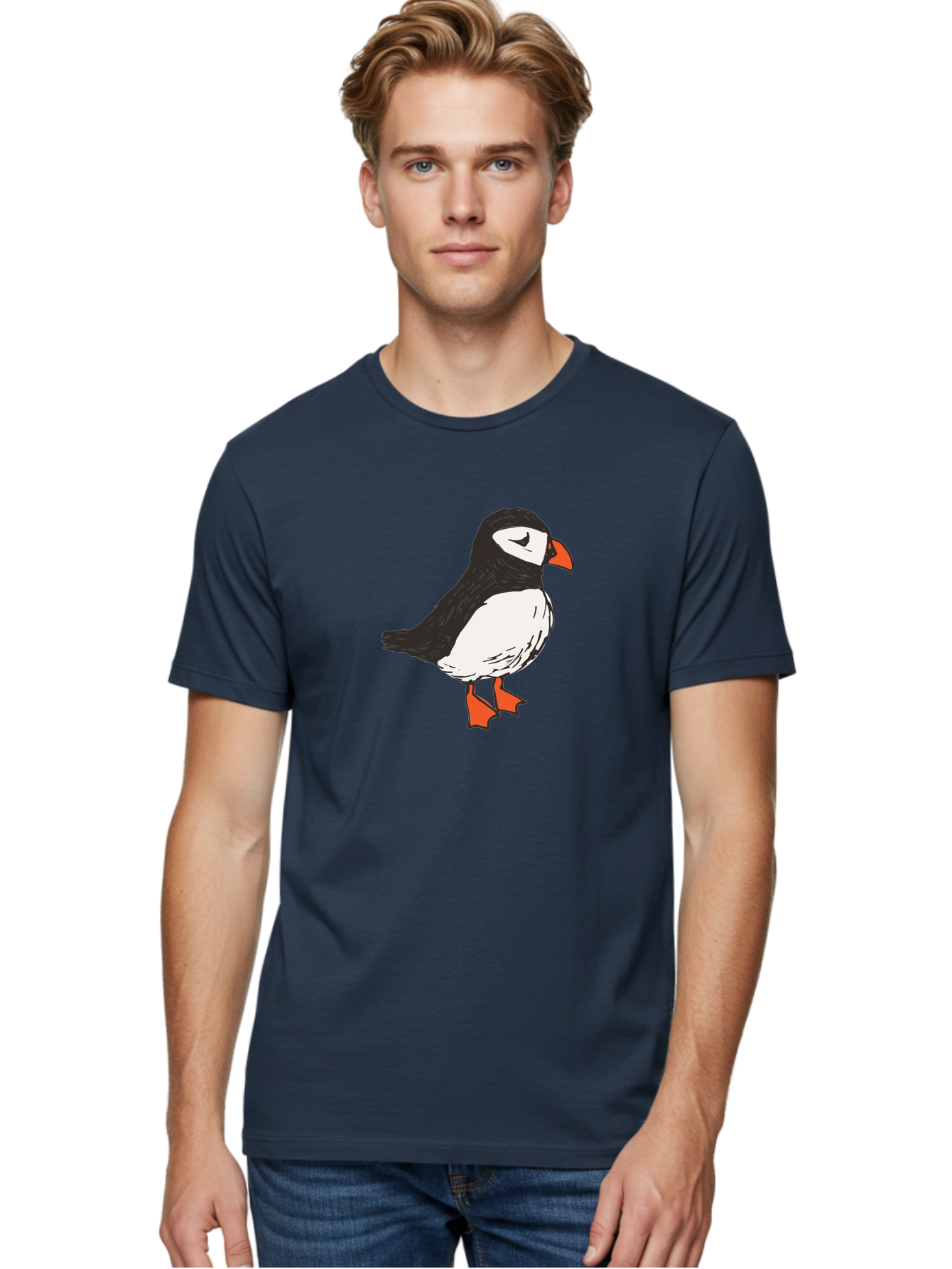 Puffin Men'S Graphic Tee, 100% Cotton, Comfortable Casual Summer Wear, Machine Washable, Cartoon Puffin, Black And White Bird, Orange Beak, Orange Feet, Seabird, Wildlife Illustration, Cute Animal, Hand-Drawn Art Aab057