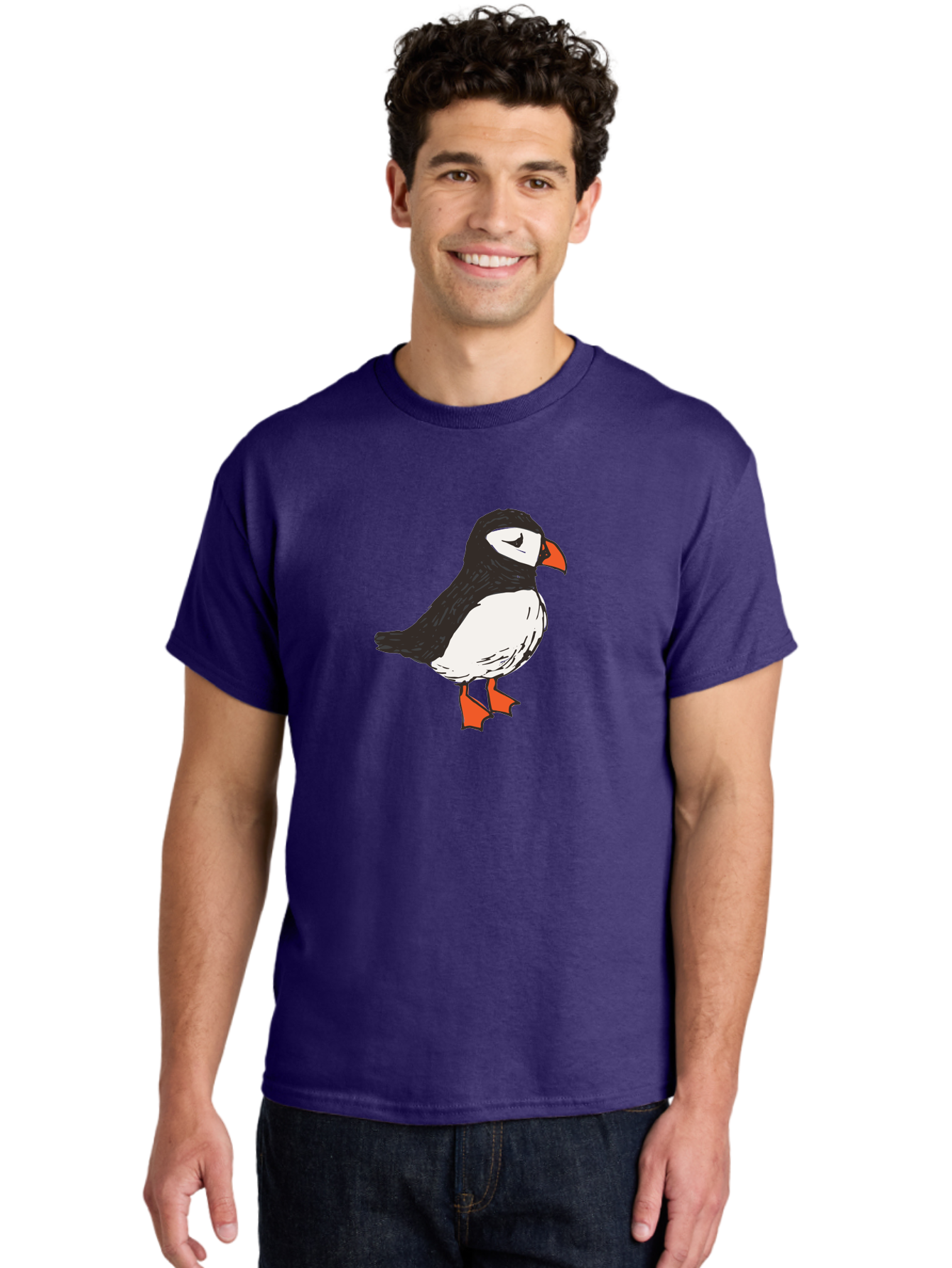 Puffin Men'S Graphic Tee, 100% Cotton, Comfortable Casual Summer Wear, Machine Washable, Cartoon Puffin, Black And White Bird, Orange Beak, Orange Feet, Seabird, Wildlife Illustration, Cute Animal, Hand-Drawn Art Aab057