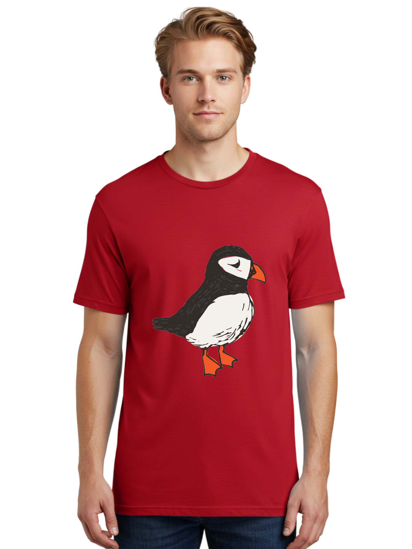 Puffin Men'S Graphic Tee, 100% Cotton, Comfortable Casual Summer Wear, Machine Washable, Cartoon Puffin, Black And White Bird, Orange Beak, Orange Feet, Seabird, Wildlife Illustration, Cute Animal, Hand-Drawn Art Aab057