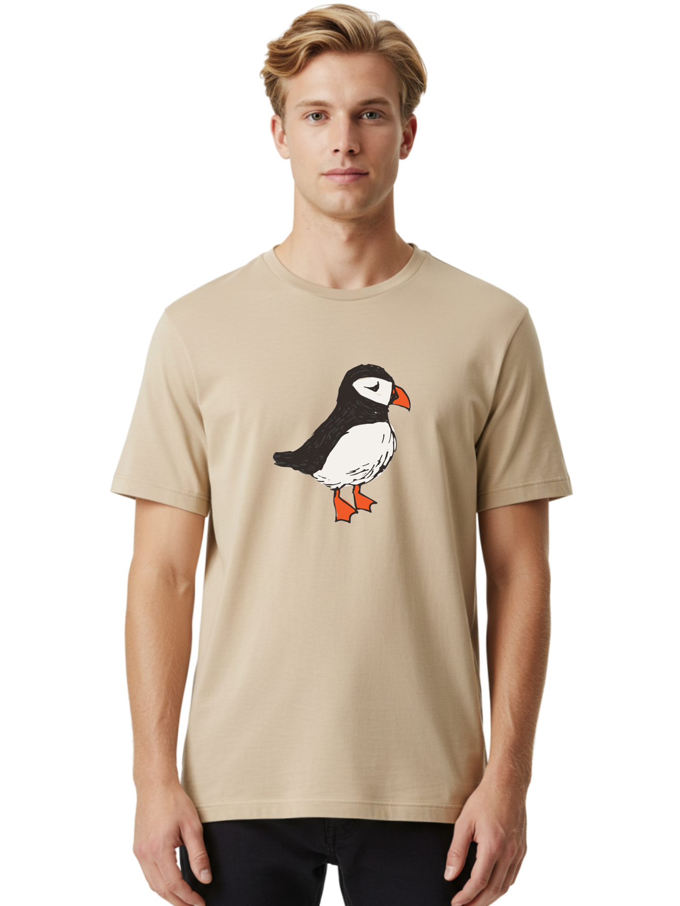 Puffin Men'S Graphic Tee, 100% Cotton, Comfortable Casual Summer Wear, Machine Washable, Cartoon Puffin, Black And White Bird, Orange Beak, Orange Feet, Seabird, Wildlife Illustration, Cute Animal, Hand-Drawn Art Aab057
