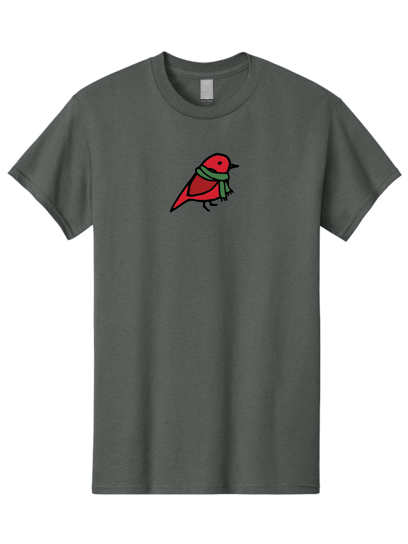 Red-Bird-With-Grey-Scarf Men'S Graphic Tee, 100% Cotton, Comfortable Casual Summer Wear, Machine Washable, Red Bird, Cartoon Style, Green Scarf, Black Outlines, Winter Theme, Festive, Charming, Simple Design, Playful, Cute Aab064