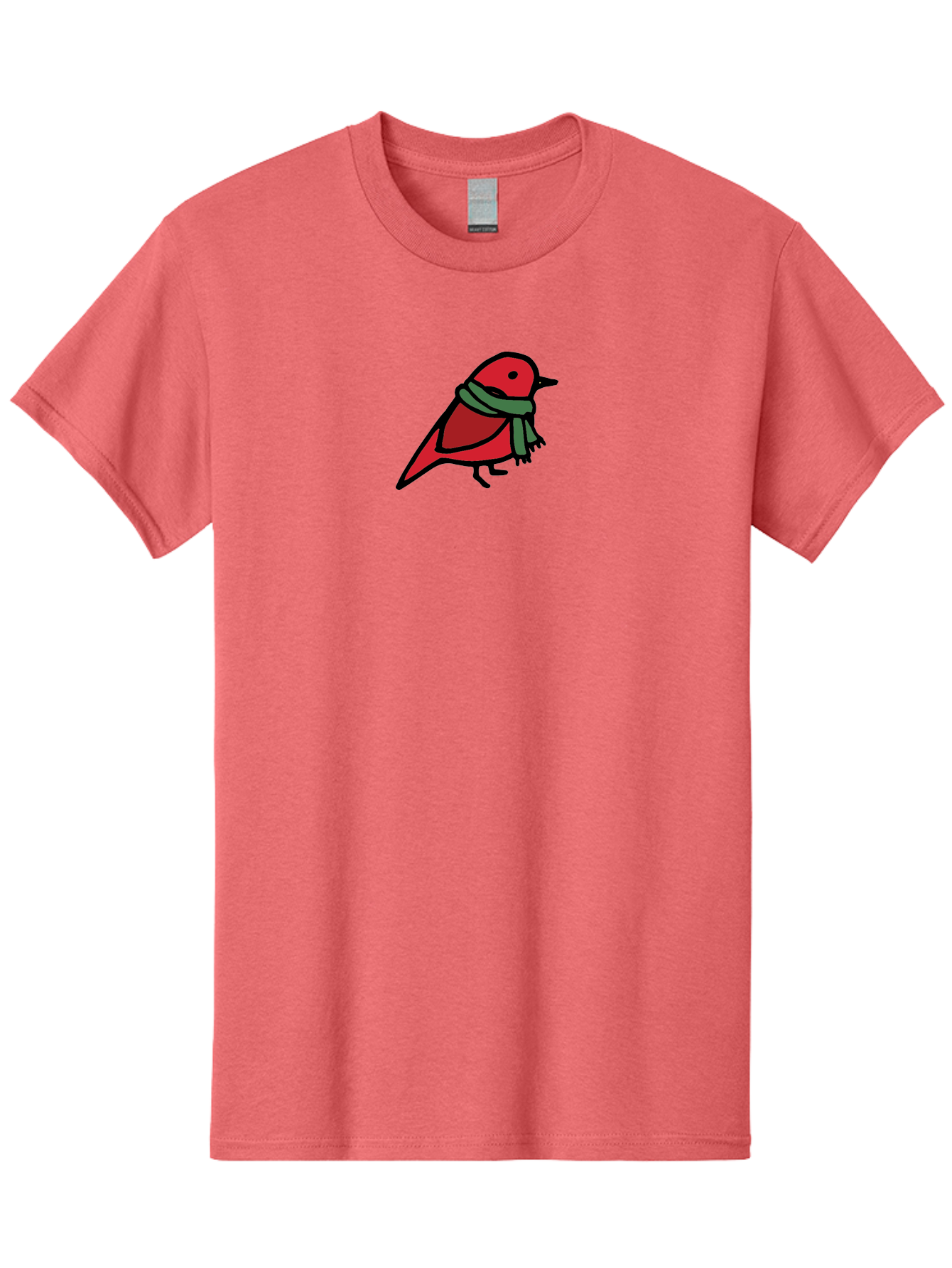 Red-Bird-With-Grey-Scarf Men'S Graphic Tee, 100% Cotton, Comfortable Casual Summer Wear, Machine Washable, Red Bird, Cartoon Style, Green Scarf, Black Outlines, Winter Theme, Festive, Charming, Simple Design, Playful, Cute Aab064