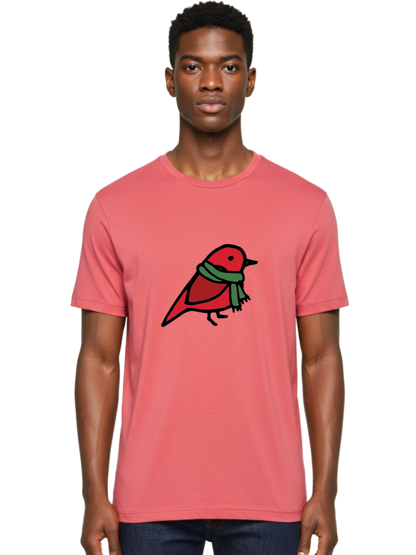 Red-Bird-With-Grey-Scarf Men'S Graphic Tee, 100% Cotton, Comfortable Casual Summer Wear, Machine Washable, Red Bird, Cartoon Style, Green Scarf, Black Outlines, Winter Theme, Festive, Charming, Simple Design, Playful, Cute Aab064
