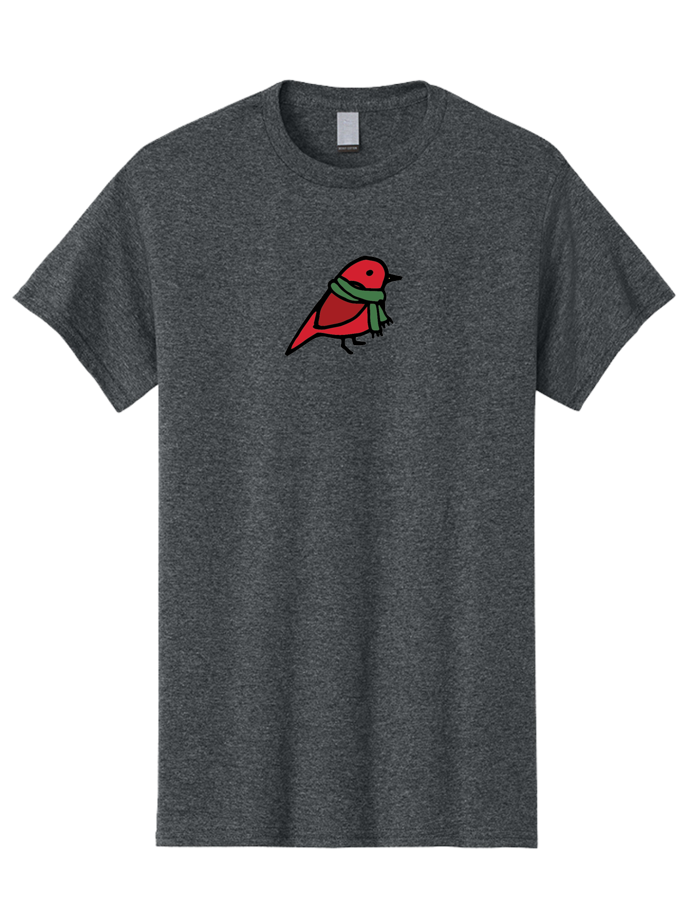 Red-Bird-With-Grey-Scarf Men'S Graphic Tee, 100% Cotton, Comfortable Casual Summer Wear, Machine Washable, Red Bird, Cartoon Style, Green Scarf, Black Outlines, Winter Theme, Festive, Charming, Simple Design, Playful, Cute Aab064
