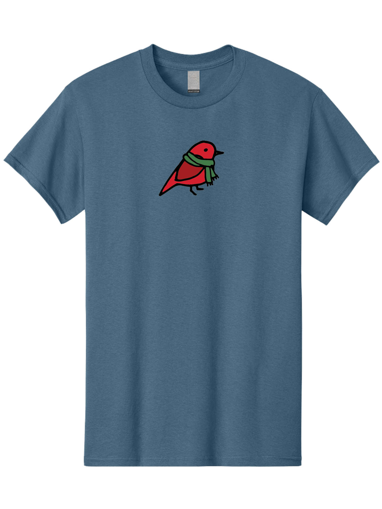 Red-Bird-With-Grey-Scarf Men'S Graphic Tee, 100% Cotton, Comfortable Casual Summer Wear, Machine Washable, Red Bird, Cartoon Style, Green Scarf, Black Outlines, Winter Theme, Festive, Charming, Simple Design, Playful, Cute Aab064