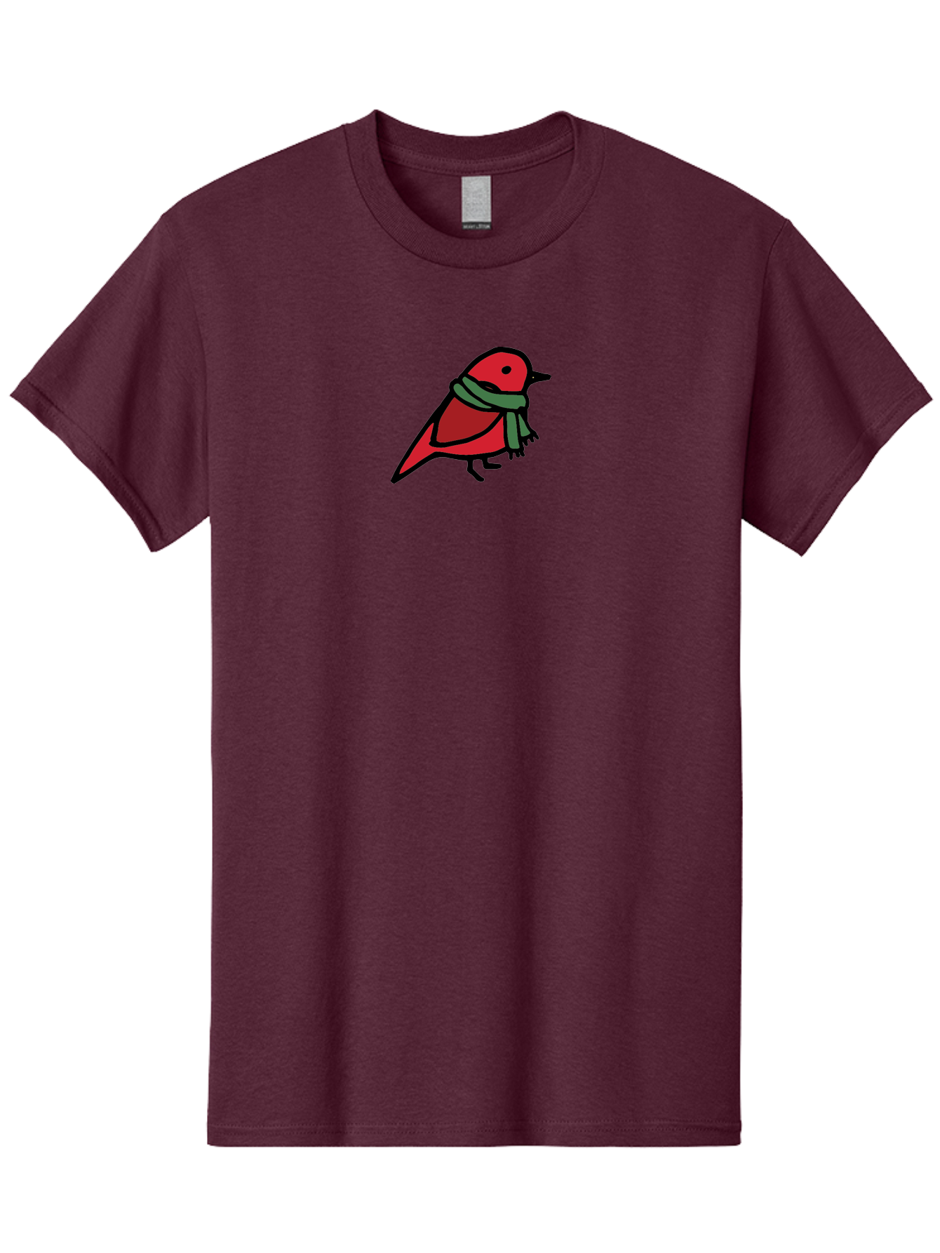 Red-Bird-With-Grey-Scarf Men'S Graphic Tee, 100% Cotton, Comfortable Casual Summer Wear, Machine Washable, Red Bird, Cartoon Style, Green Scarf, Black Outlines, Winter Theme, Festive, Charming, Simple Design, Playful, Cute Aab064