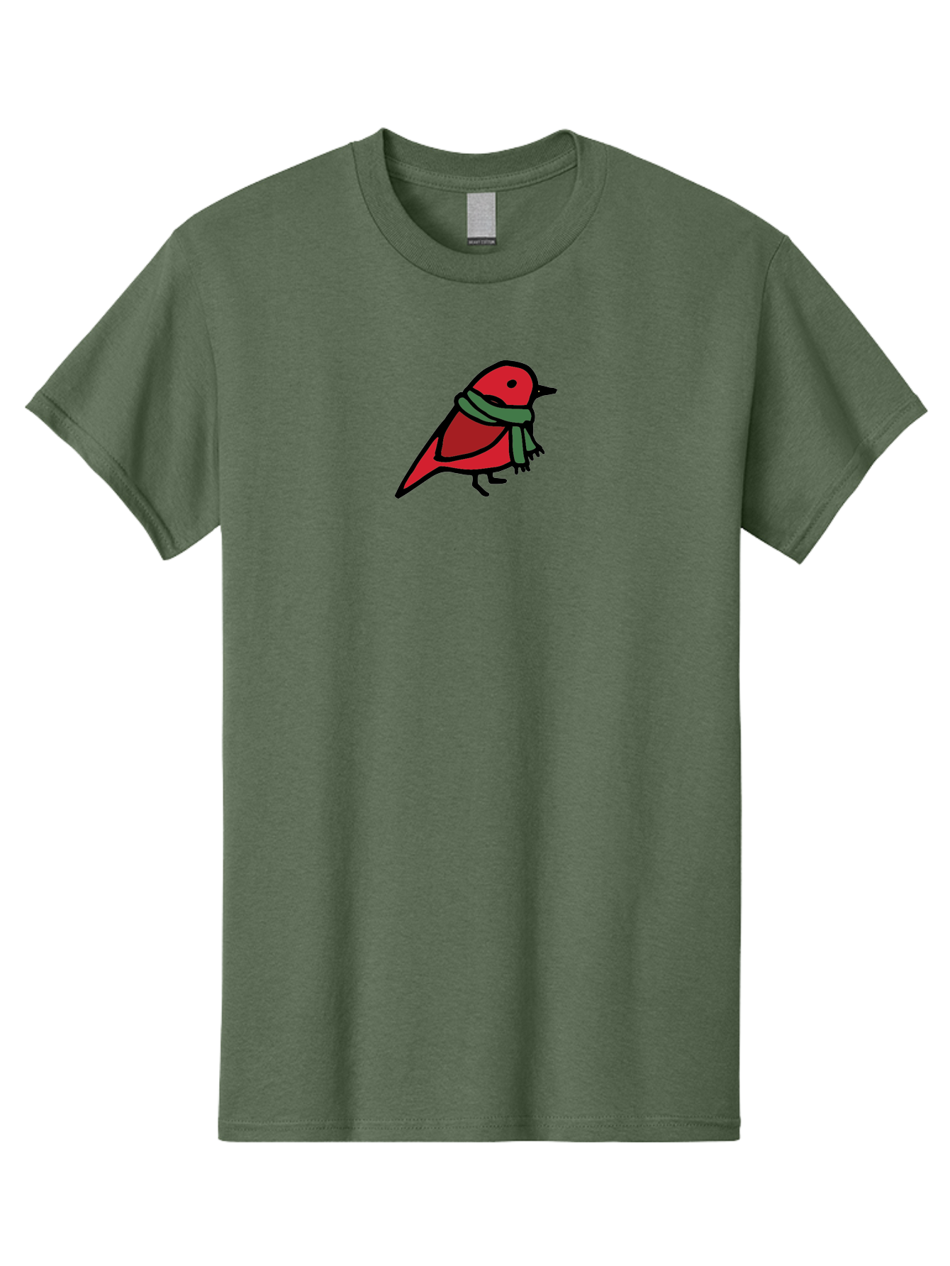 Red-Bird-With-Grey-Scarf Men'S Graphic Tee, 100% Cotton, Comfortable Casual Summer Wear, Machine Washable, Red Bird, Cartoon Style, Green Scarf, Black Outlines, Winter Theme, Festive, Charming, Simple Design, Playful, Cute Aab064