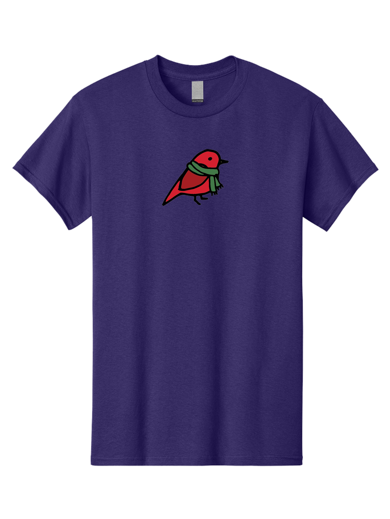 Red-Bird-With-Grey-Scarf Men'S Graphic Tee, 100% Cotton, Comfortable Casual Summer Wear, Machine Washable, Red Bird, Cartoon Style, Green Scarf, Black Outlines, Winter Theme, Festive, Charming, Simple Design, Playful, Cute Aab064