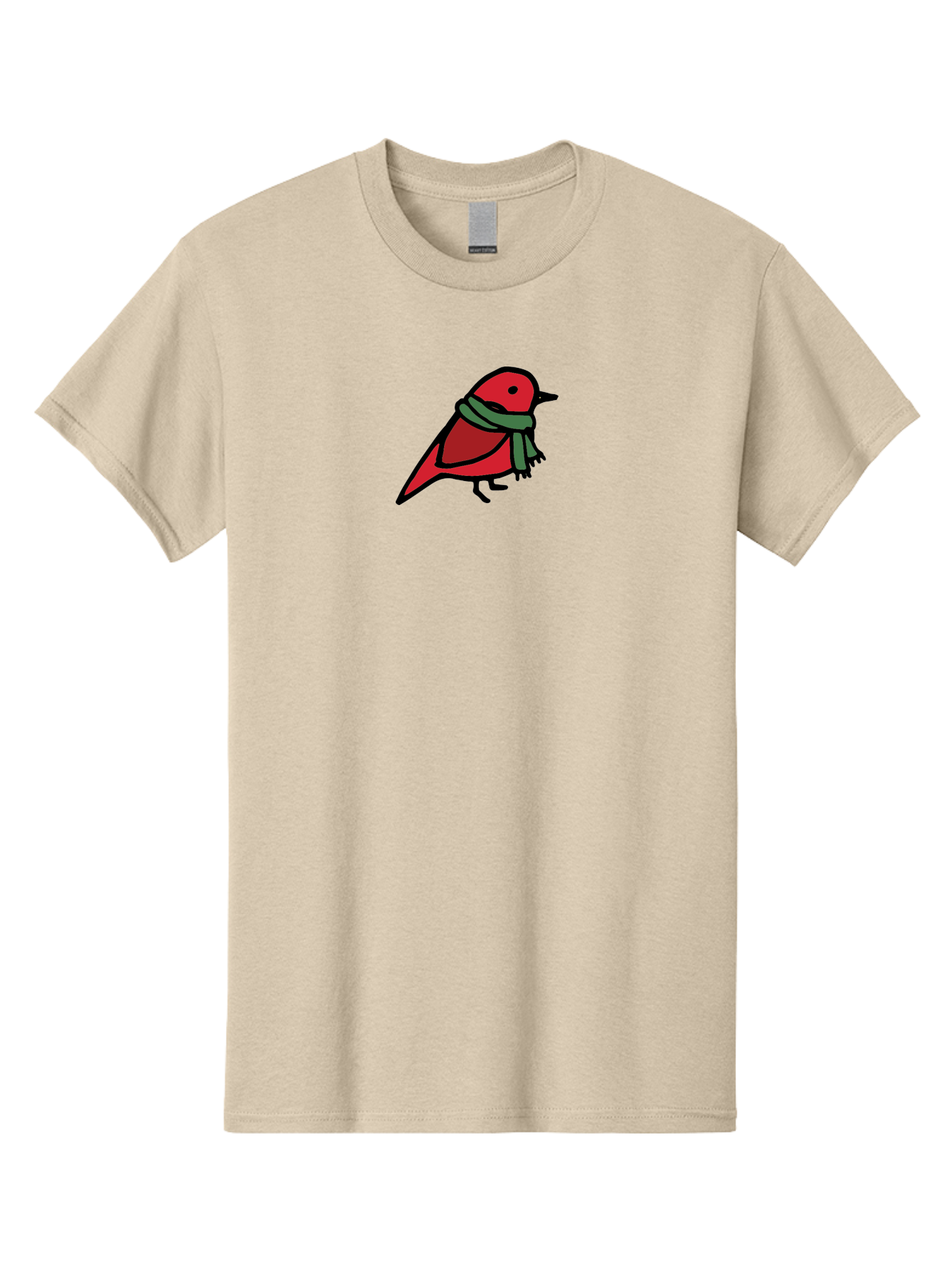 Red-Bird-With-Grey-Scarf Men'S Graphic Tee, 100% Cotton, Comfortable Casual Summer Wear, Machine Washable, Red Bird, Cartoon Style, Green Scarf, Black Outlines, Winter Theme, Festive, Charming, Simple Design, Playful, Cute Aab064