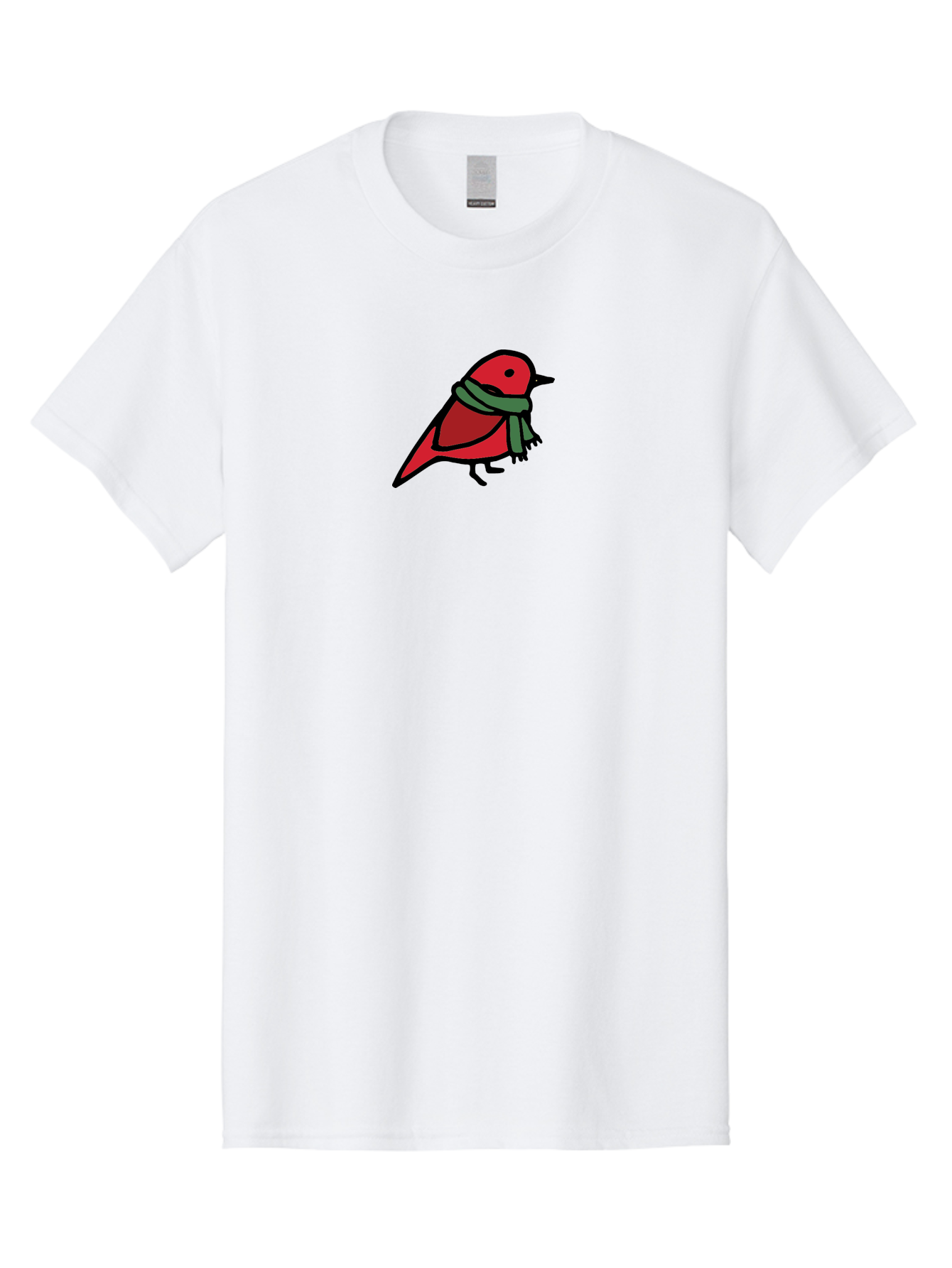 Red-Bird-With-Grey-Scarf Men'S Graphic Tee, 100% Cotton, Comfortable Casual Summer Wear, Machine Washable, Red Bird, Cartoon Style, Green Scarf, Black Outlines, Winter Theme, Festive, Charming, Simple Design, Playful, Cute Aab064