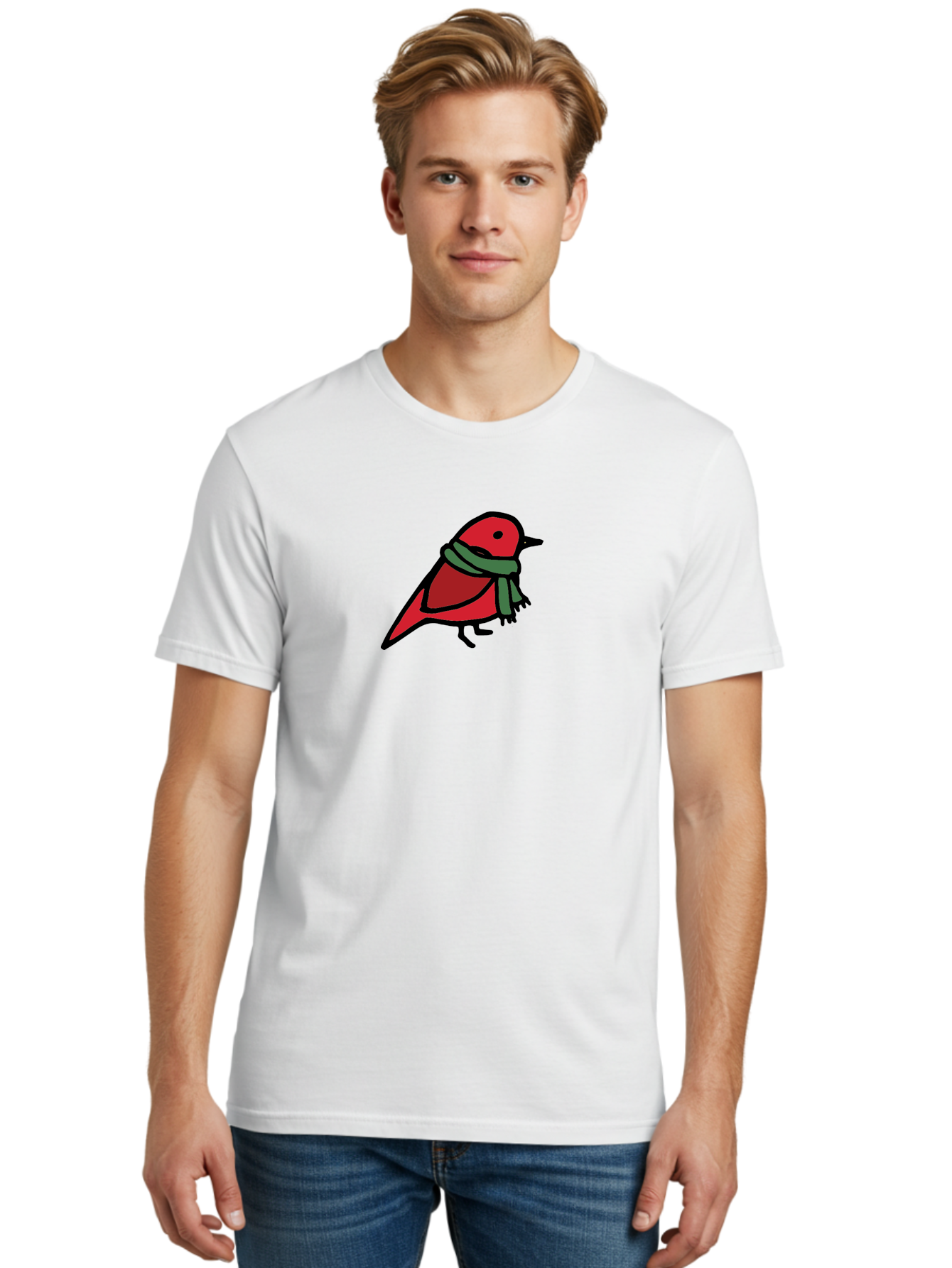 Red-Bird-With-Grey-Scarf Men'S Graphic Tee, 100% Cotton, Comfortable Casual Summer Wear, Machine Washable, Red Bird, Cartoon Style, Green Scarf, Black Outlines, Winter Theme, Festive, Charming, Simple Design, Playful, Cute Aab064