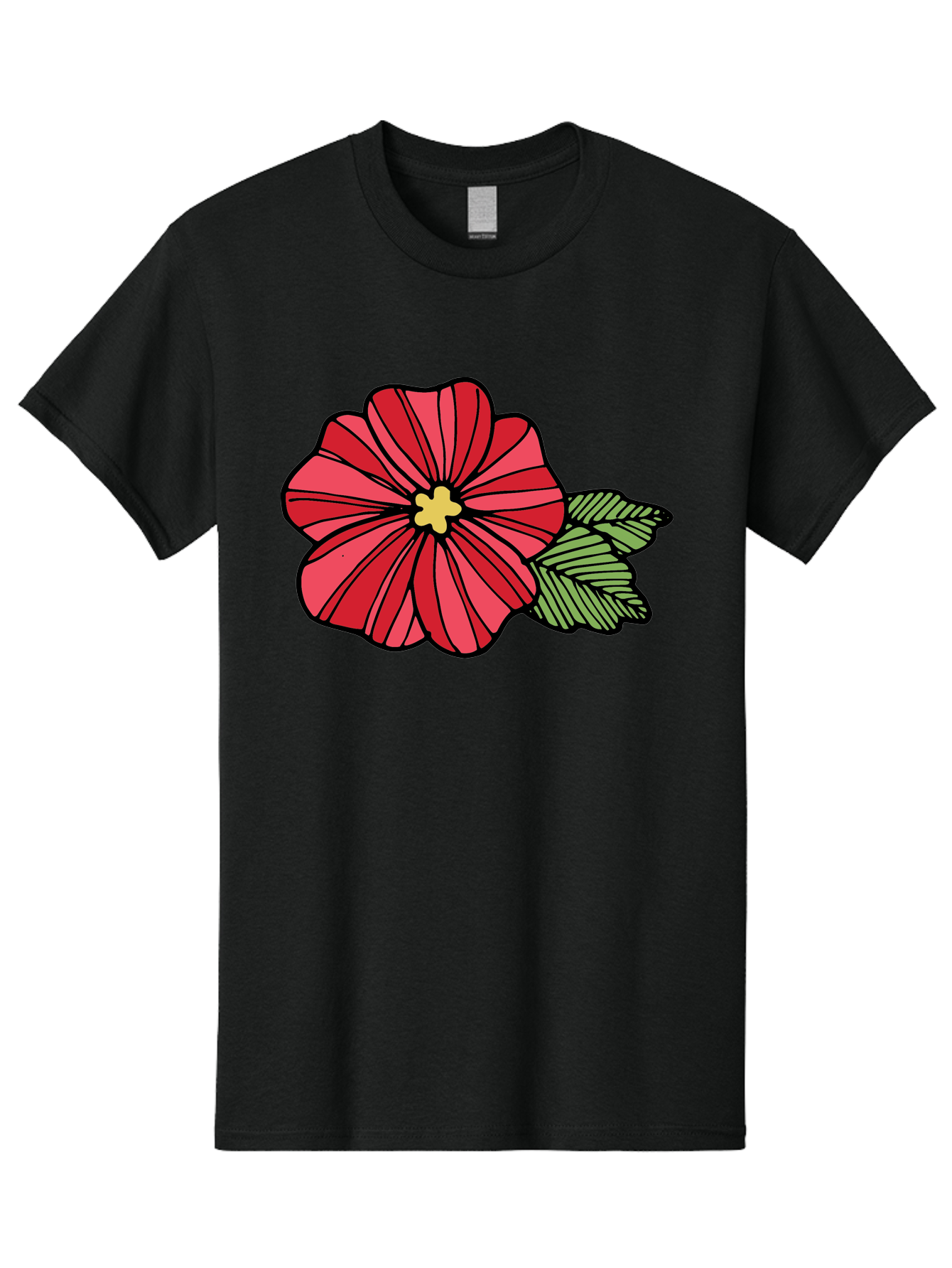 Red-Flower Men'S Graphic Tee, 100% Cotton, Comfortable Casual Summer Wear, Machine Washable, Red Flower, Yellow Center, Green Leaves, Floral Design, Vibrant Petals, Simple Illustration, Cartoon Style, Botanical Art Aab080