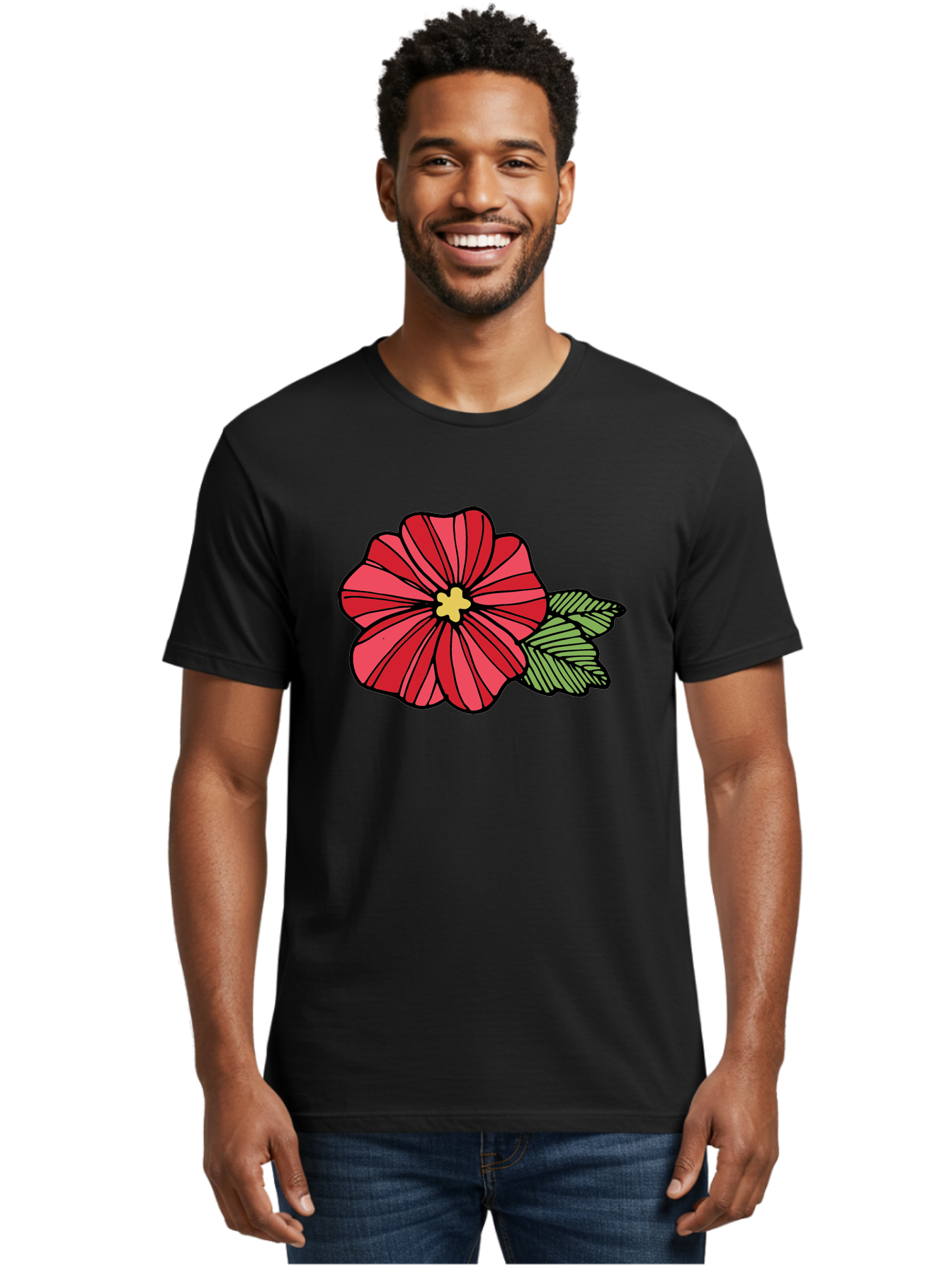 Red-Flower Men'S Graphic Tee, 100% Cotton, Comfortable Casual Summer Wear, Machine Washable, Red Flower, Yellow Center, Green Leaves, Floral Design, Vibrant Petals, Simple Illustration, Cartoon Style, Botanical Art Aab080