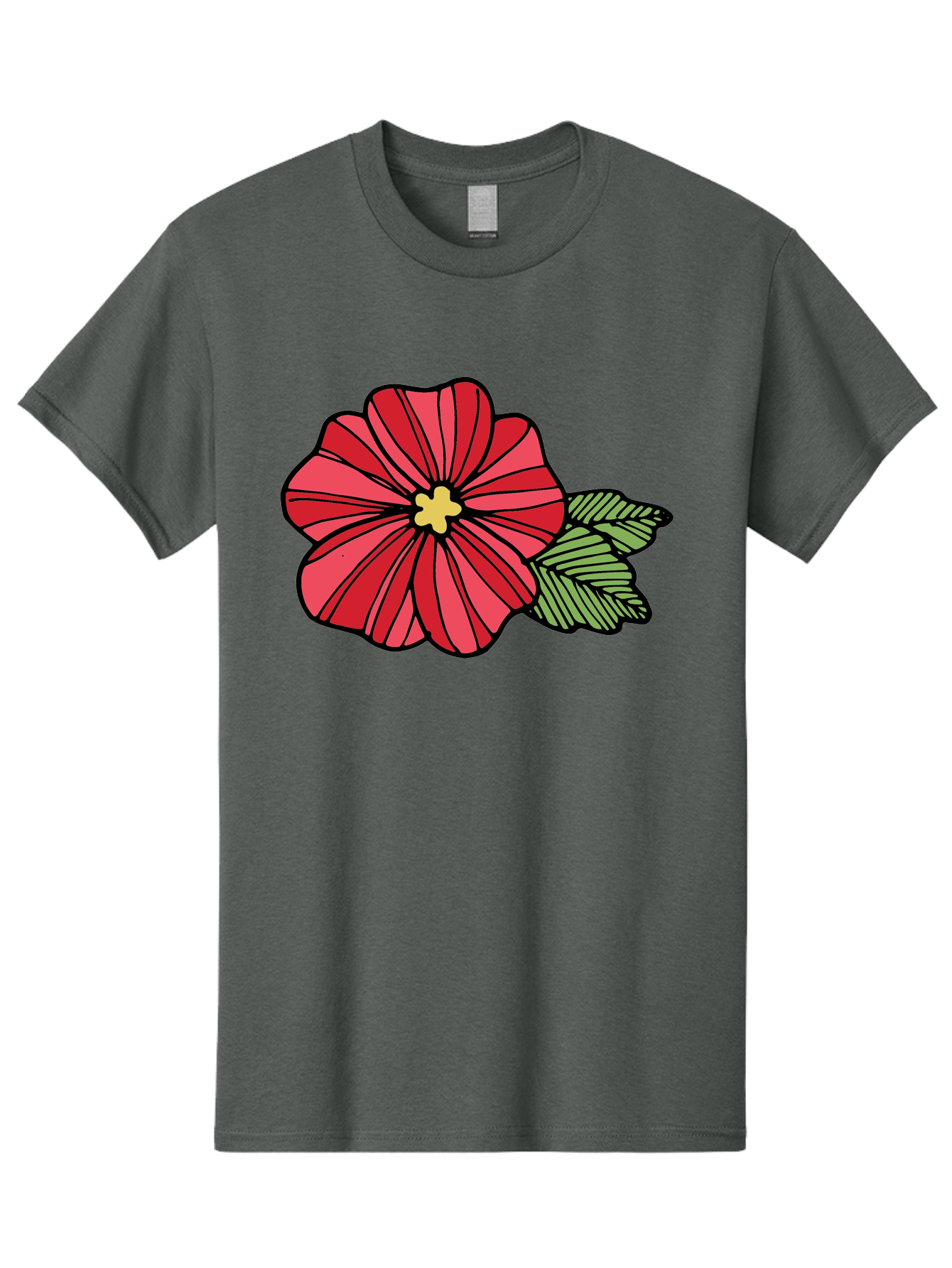Red-Flower Men'S Graphic Tee, 100% Cotton, Comfortable Casual Summer Wear, Machine Washable, Red Flower, Yellow Center, Green Leaves, Floral Design, Vibrant Petals, Simple Illustration, Cartoon Style, Botanical Art Aab080