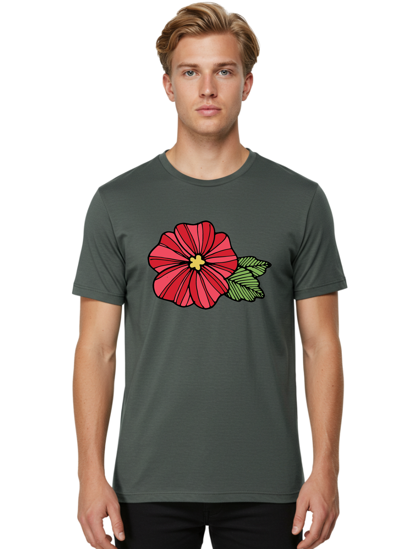 Red-Flower Men'S Graphic Tee, 100% Cotton, Comfortable Casual Summer Wear, Machine Washable, Red Flower, Yellow Center, Green Leaves, Floral Design, Vibrant Petals, Simple Illustration, Cartoon Style, Botanical Art Aab080