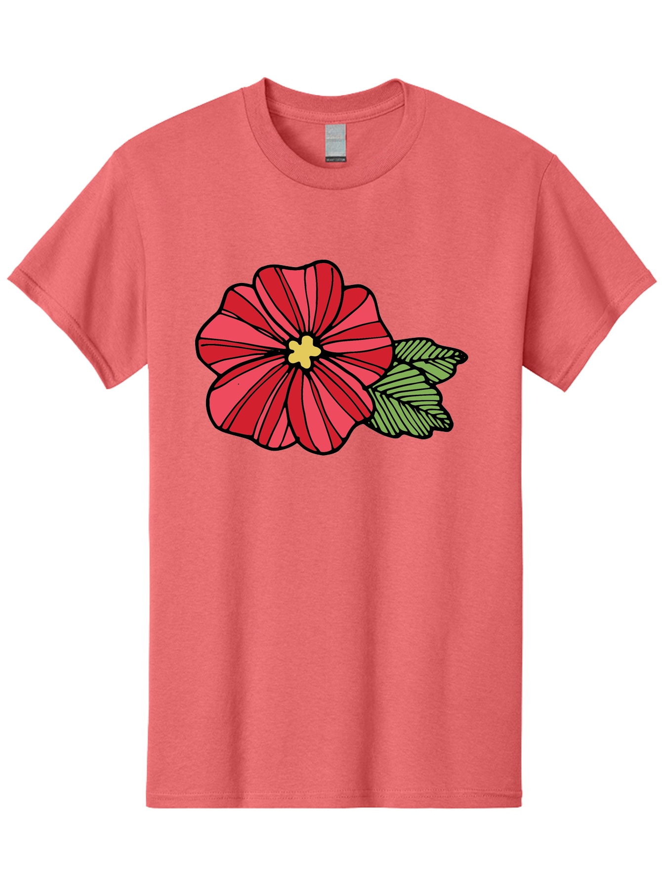 Red-Flower Men'S Graphic Tee, 100% Cotton, Comfortable Casual Summer Wear, Machine Washable, Red Flower, Yellow Center, Green Leaves, Floral Design, Vibrant Petals, Simple Illustration, Cartoon Style, Botanical Art Aab080