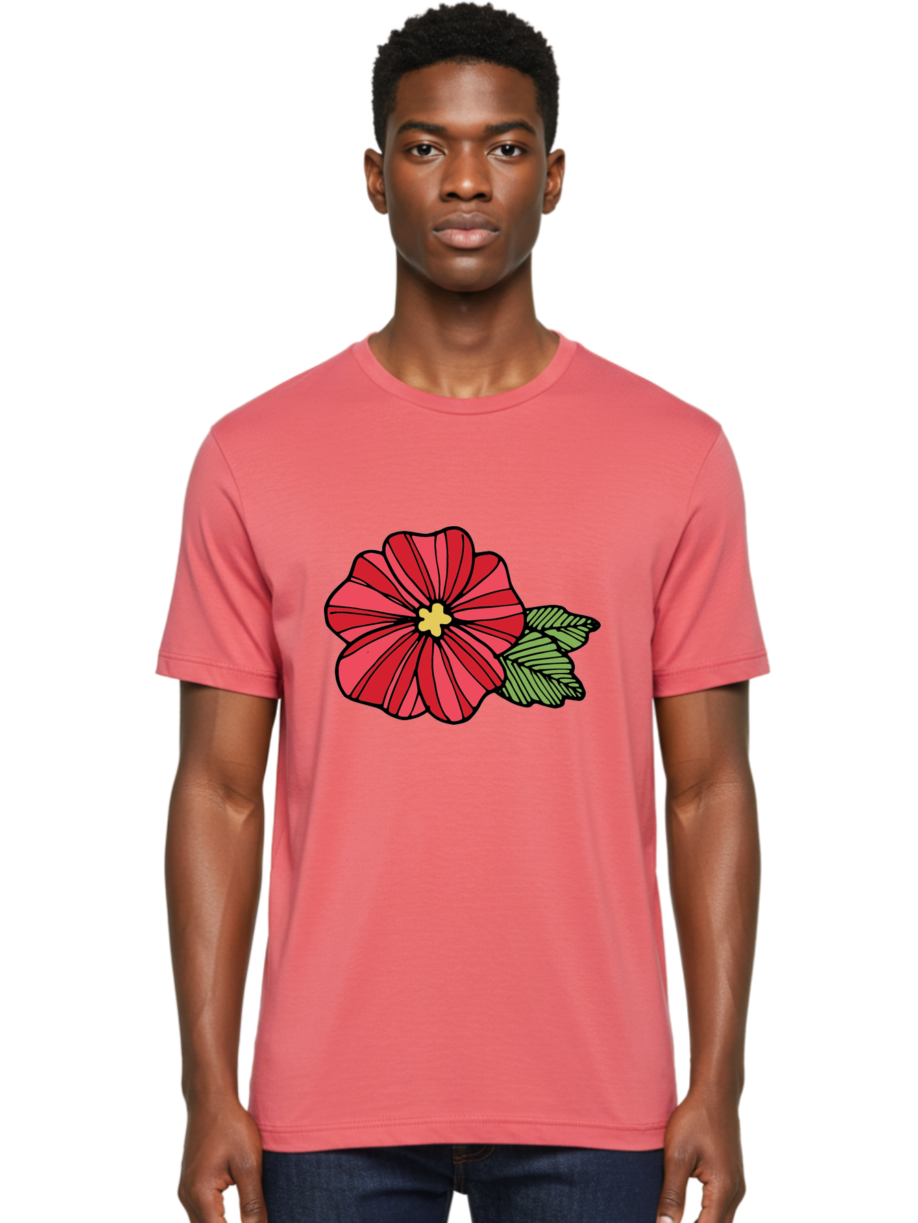 Red-Flower Men'S Graphic Tee, 100% Cotton, Comfortable Casual Summer Wear, Machine Washable, Red Flower, Yellow Center, Green Leaves, Floral Design, Vibrant Petals, Simple Illustration, Cartoon Style, Botanical Art Aab080