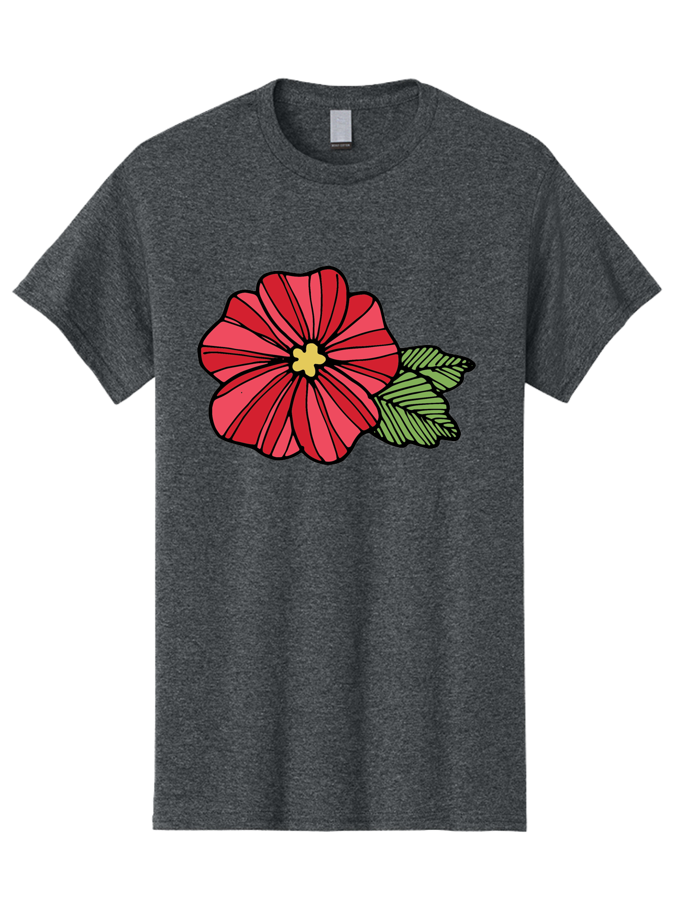 Red-Flower Men'S Graphic Tee, 100% Cotton, Comfortable Casual Summer Wear, Machine Washable, Red Flower, Yellow Center, Green Leaves, Floral Design, Vibrant Petals, Simple Illustration, Cartoon Style, Botanical Art Aab080