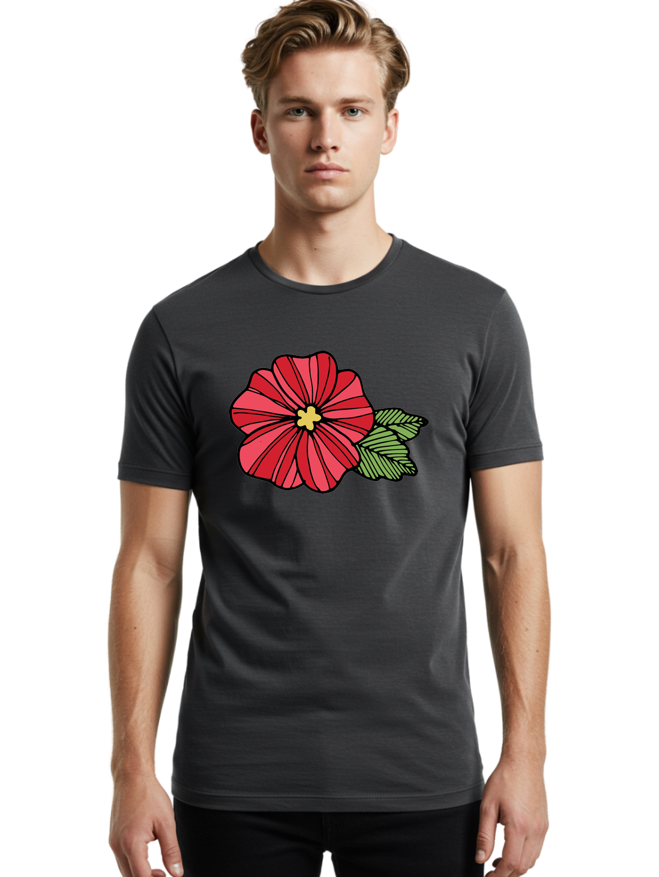 Red-Flower Men'S Graphic Tee, 100% Cotton, Comfortable Casual Summer Wear, Machine Washable, Red Flower, Yellow Center, Green Leaves, Floral Design, Vibrant Petals, Simple Illustration, Cartoon Style, Botanical Art Aab080