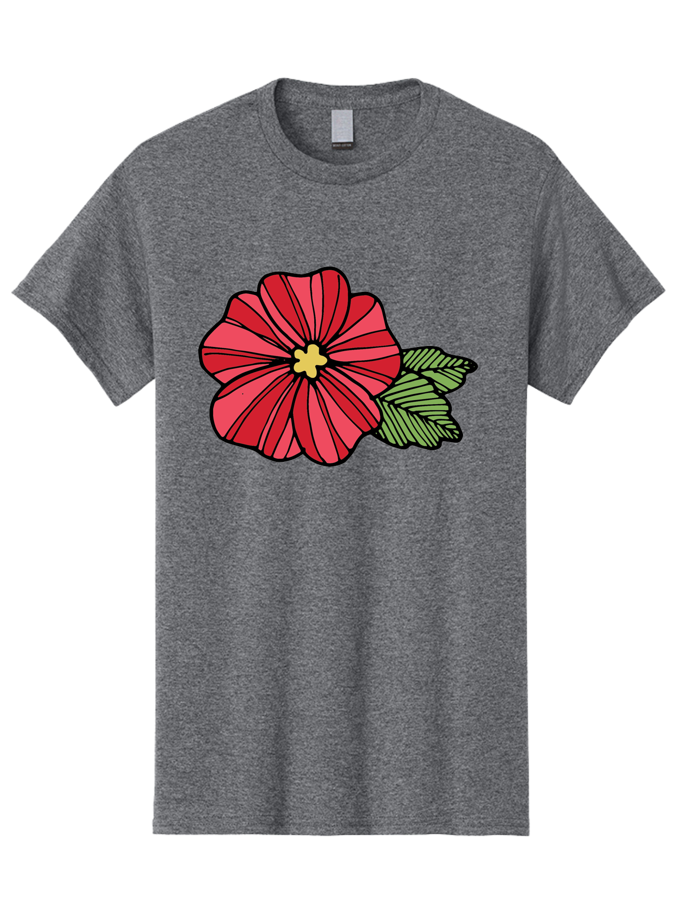 Red-Flower Men'S Graphic Tee, 100% Cotton, Comfortable Casual Summer Wear, Machine Washable, Red Flower, Yellow Center, Green Leaves, Floral Design, Vibrant Petals, Simple Illustration, Cartoon Style, Botanical Art Aab080