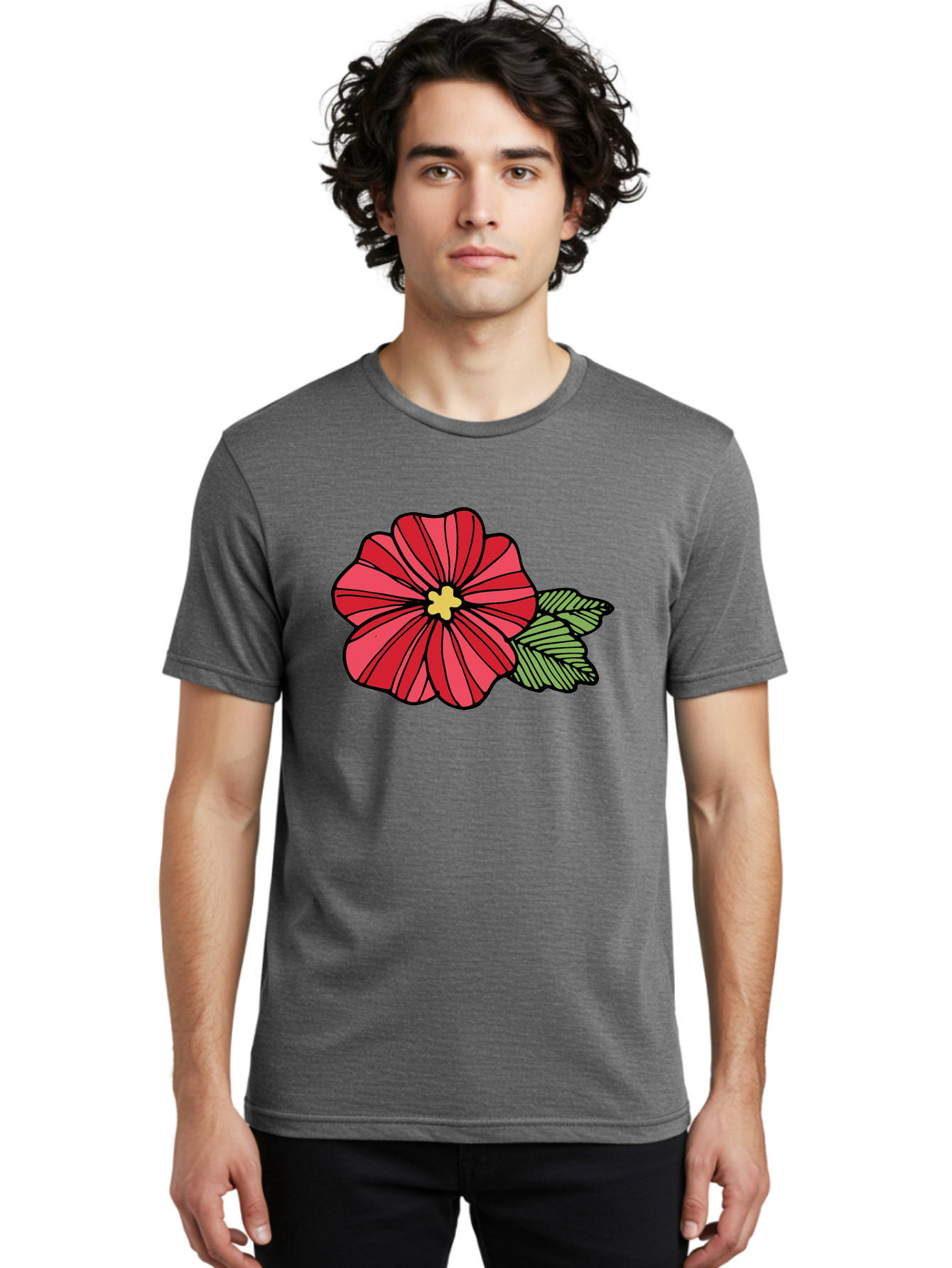 Red-Flower Men'S Graphic Tee, 100% Cotton, Comfortable Casual Summer Wear, Machine Washable, Red Flower, Yellow Center, Green Leaves, Floral Design, Vibrant Petals, Simple Illustration, Cartoon Style, Botanical Art Aab080