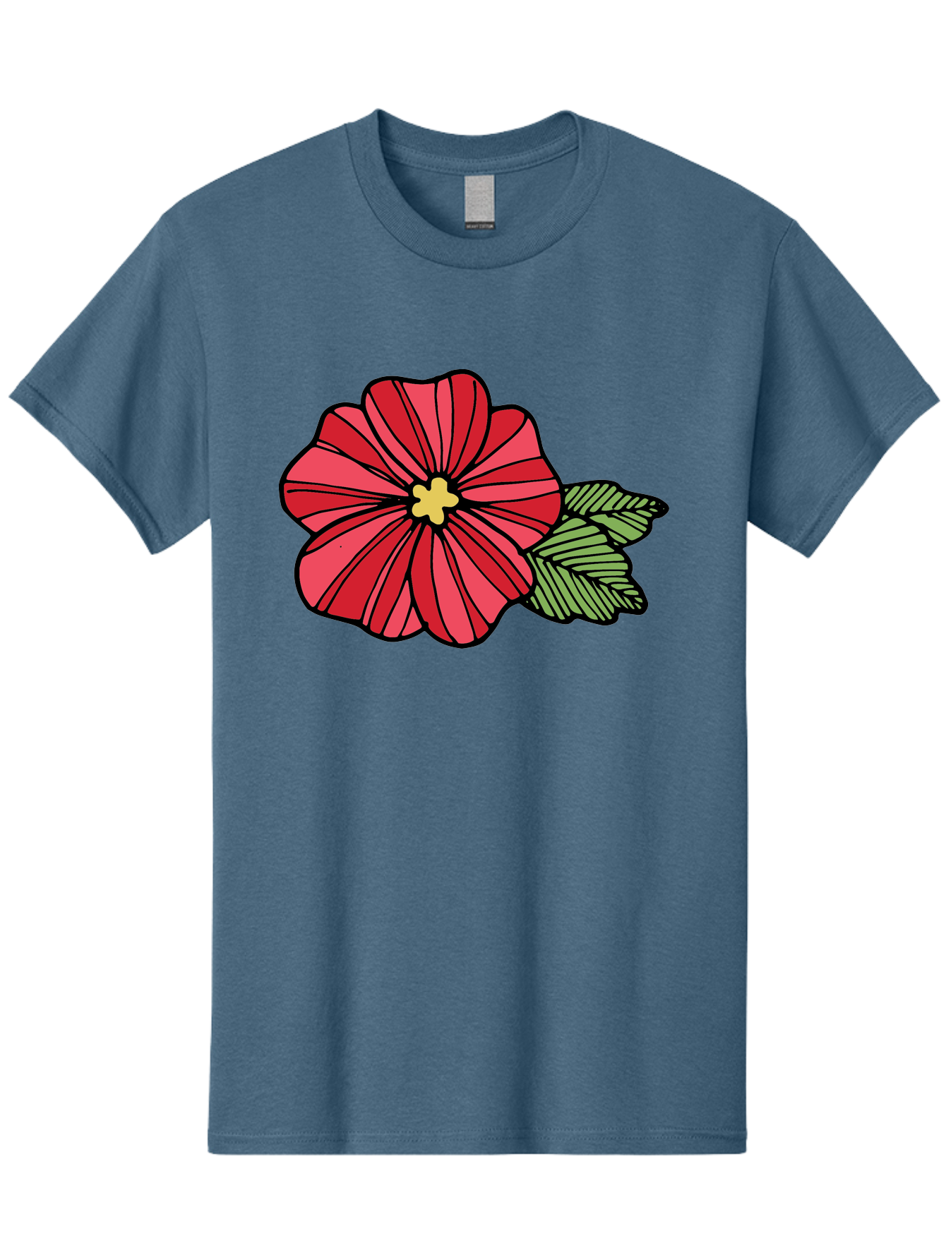 Red-Flower Men'S Graphic Tee, 100% Cotton, Comfortable Casual Summer Wear, Machine Washable, Red Flower, Yellow Center, Green Leaves, Floral Design, Vibrant Petals, Simple Illustration, Cartoon Style, Botanical Art Aab080