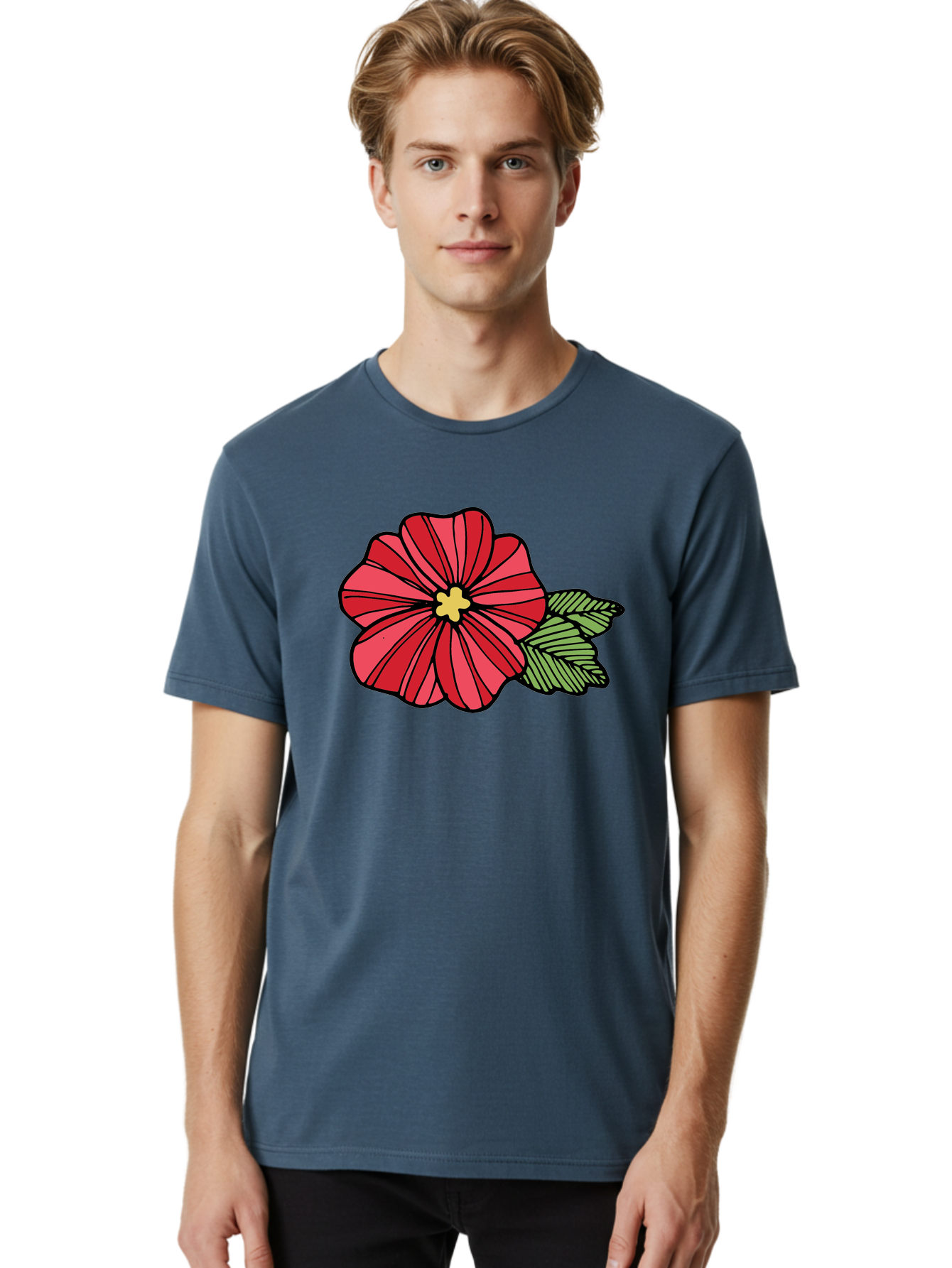 Red-Flower Men'S Graphic Tee, 100% Cotton, Comfortable Casual Summer Wear, Machine Washable, Red Flower, Yellow Center, Green Leaves, Floral Design, Vibrant Petals, Simple Illustration, Cartoon Style, Botanical Art Aab080