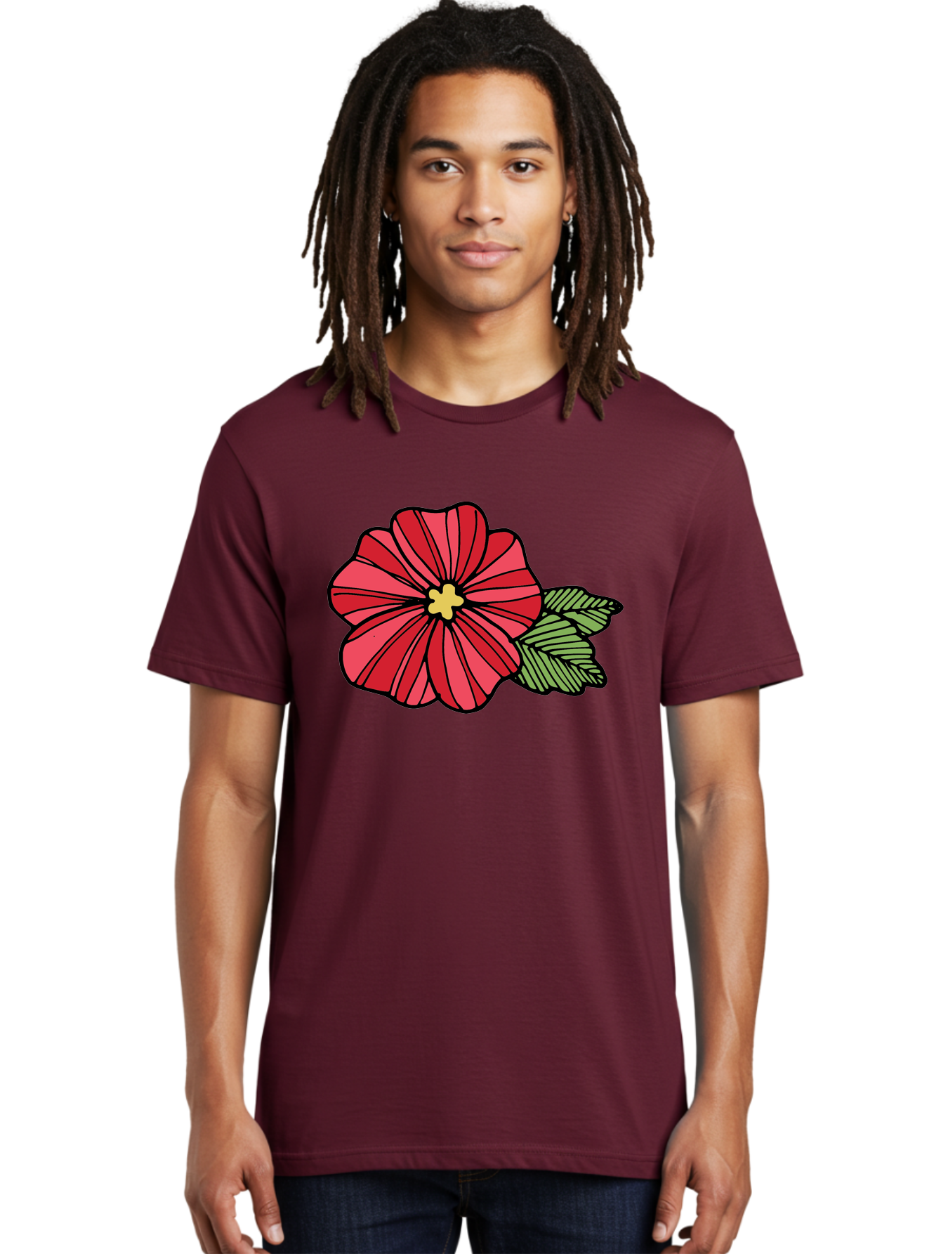 Red-Flower Men'S Graphic Tee, 100% Cotton, Comfortable Casual Summer Wear, Machine Washable, Red Flower, Yellow Center, Green Leaves, Floral Design, Vibrant Petals, Simple Illustration, Cartoon Style, Botanical Art Aab080