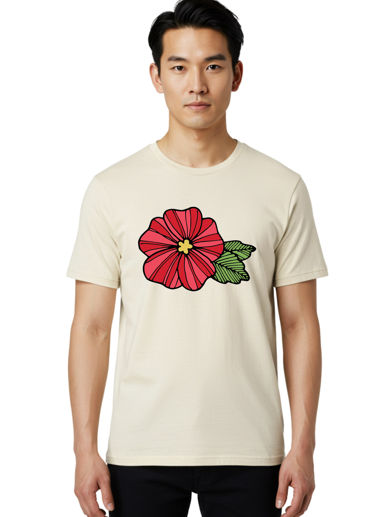 Red-Flower Men'S Graphic Tee, 100% Cotton, Comfortable Casual Summer Wear, Machine Washable, Red Flower, Yellow Center, Green Leaves, Floral Design, Vibrant Petals, Simple Illustration, Cartoon Style, Botanical Art Aab080