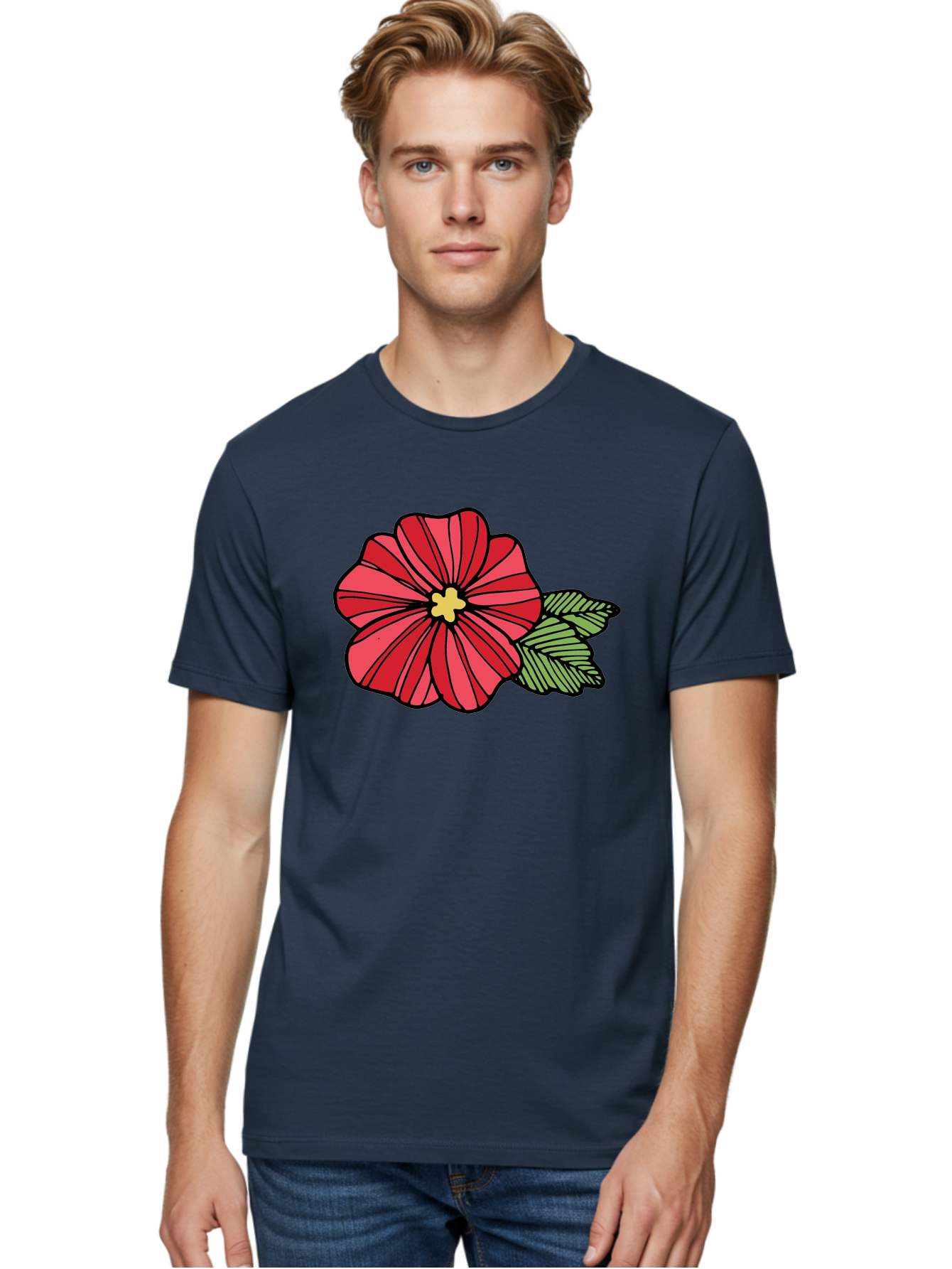 Red-Flower Men'S Graphic Tee, 100% Cotton, Comfortable Casual Summer Wear, Machine Washable, Red Flower, Yellow Center, Green Leaves, Floral Design, Vibrant Petals, Simple Illustration, Cartoon Style, Botanical Art Aab080