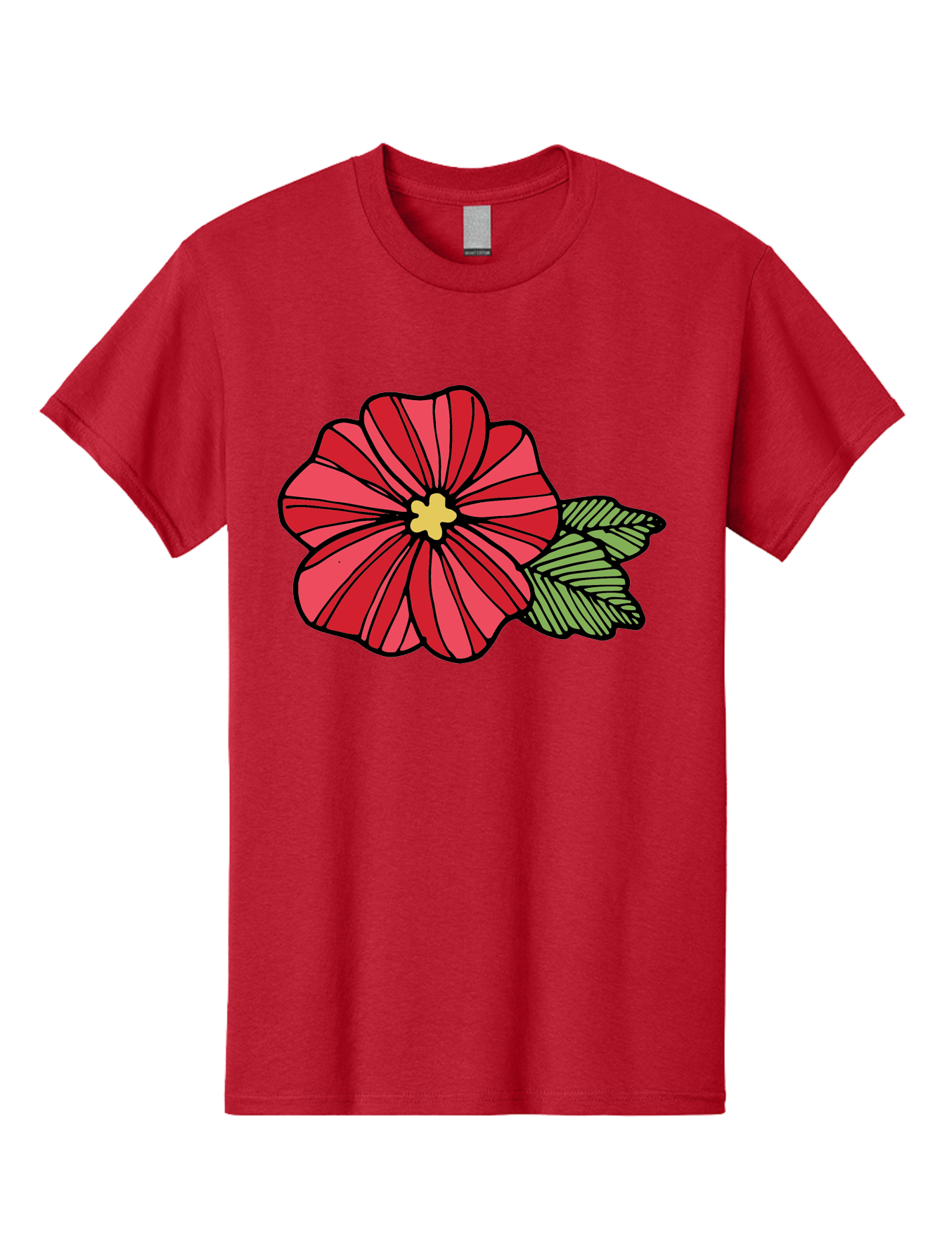 Red-Flower Men'S Graphic Tee, 100% Cotton, Comfortable Casual Summer Wear, Machine Washable, Red Flower, Yellow Center, Green Leaves, Floral Design, Vibrant Petals, Simple Illustration, Cartoon Style, Botanical Art Aab080