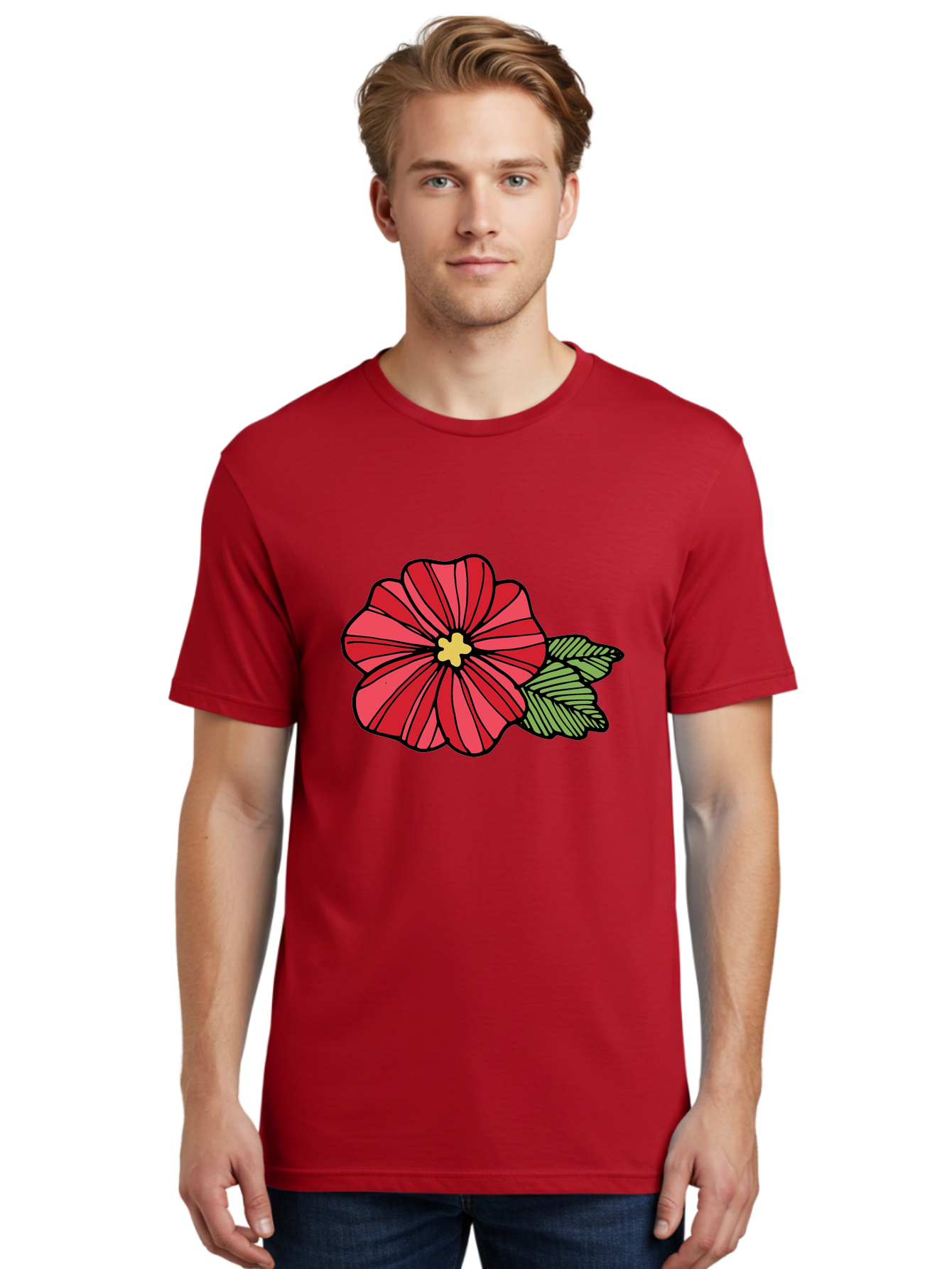 Red-Flower Men'S Graphic Tee, 100% Cotton, Comfortable Casual Summer Wear, Machine Washable, Red Flower, Yellow Center, Green Leaves, Floral Design, Vibrant Petals, Simple Illustration, Cartoon Style, Botanical Art Aab080