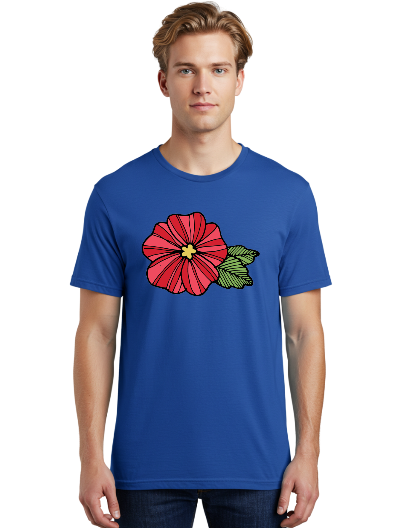 Red-Flower Men'S Graphic Tee, 100% Cotton, Comfortable Casual Summer Wear, Machine Washable, Red Flower, Yellow Center, Green Leaves, Floral Design, Vibrant Petals, Simple Illustration, Cartoon Style, Botanical Art Aab080