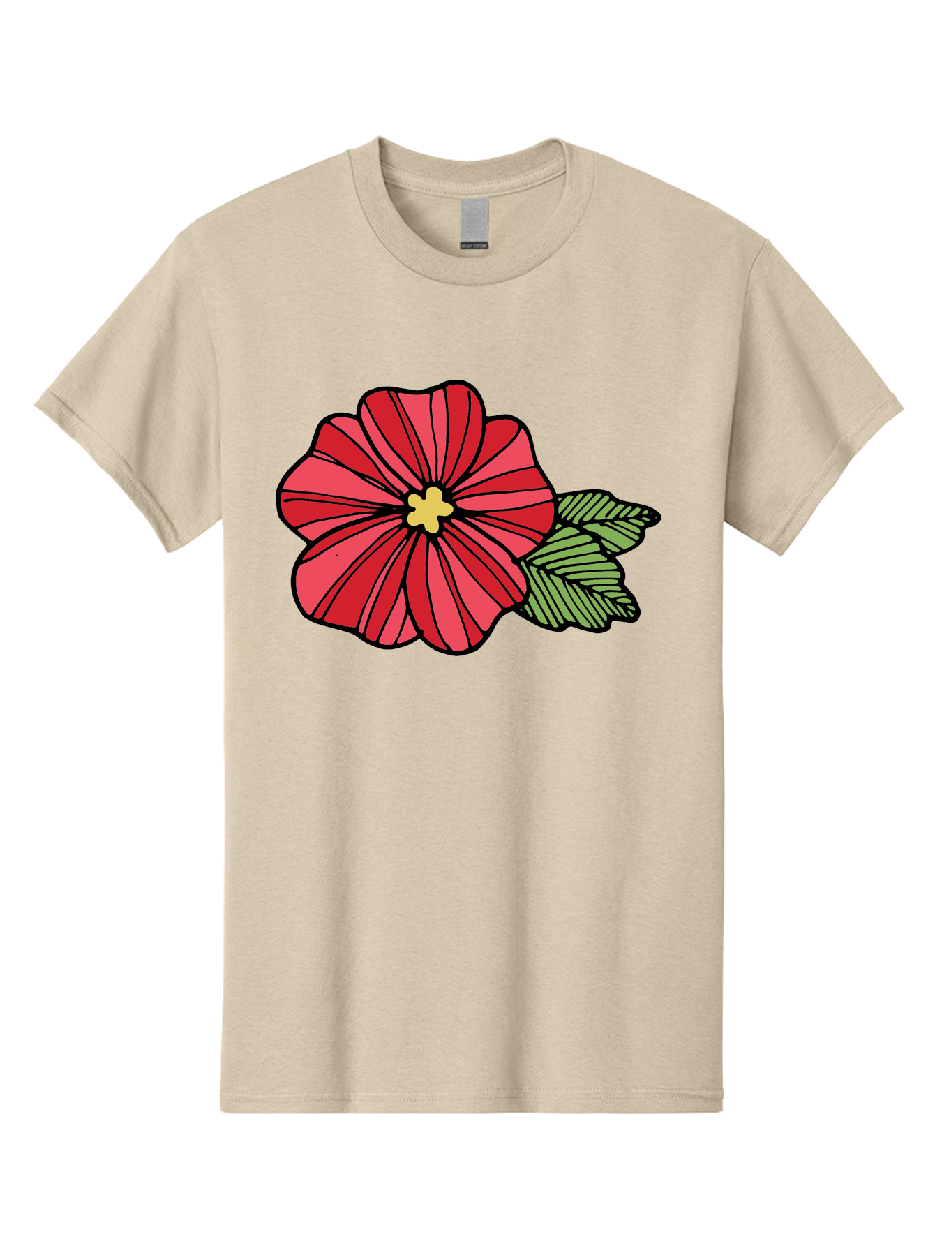 Red-Flower Men'S Graphic Tee, 100% Cotton, Comfortable Casual Summer Wear, Machine Washable, Red Flower, Yellow Center, Green Leaves, Floral Design, Vibrant Petals, Simple Illustration, Cartoon Style, Botanical Art Aab080