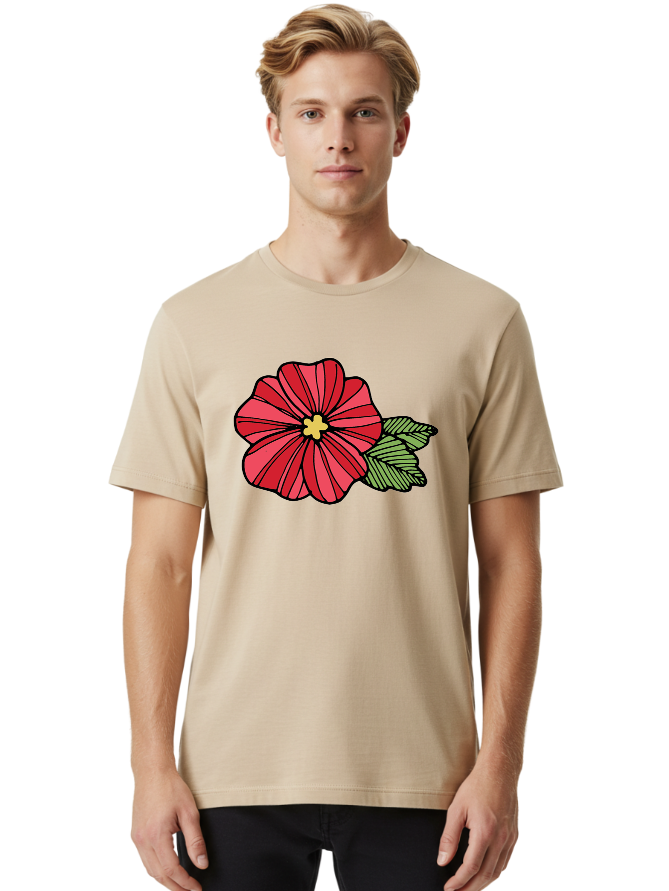 Red-Flower Men'S Graphic Tee, 100% Cotton, Comfortable Casual Summer Wear, Machine Washable, Red Flower, Yellow Center, Green Leaves, Floral Design, Vibrant Petals, Simple Illustration, Cartoon Style, Botanical Art Aab080