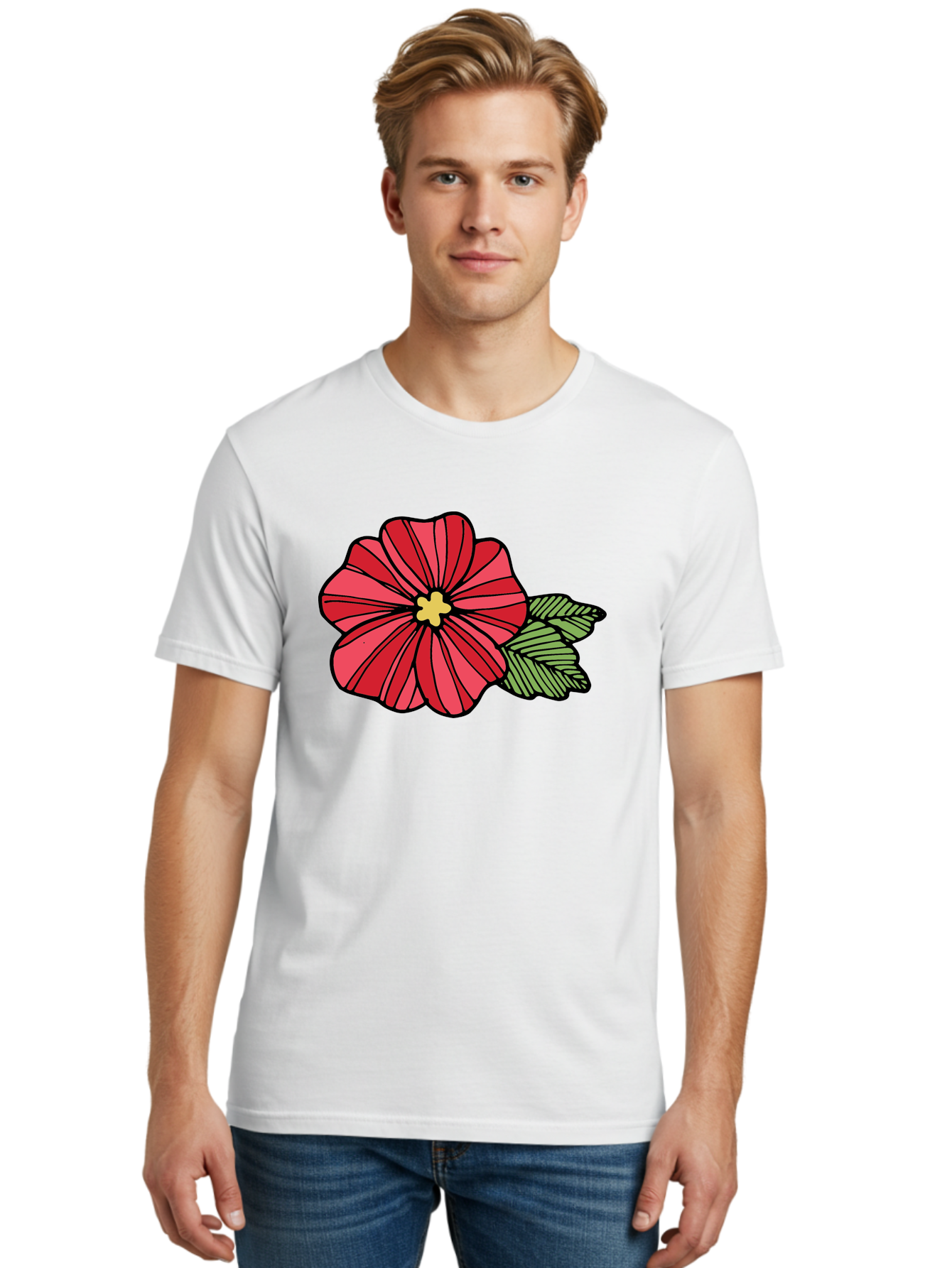 Red-Flower Men'S Graphic Tee, 100% Cotton, Comfortable Casual Summer Wear, Machine Washable, Red Flower, Yellow Center, Green Leaves, Floral Design, Vibrant Petals, Simple Illustration, Cartoon Style, Botanical Art Aab080