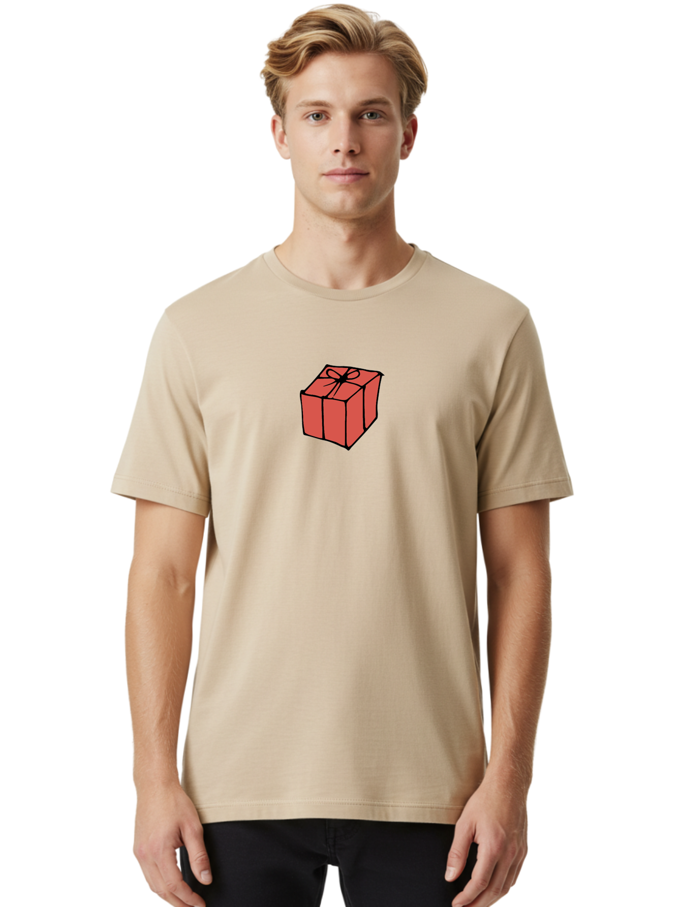 Red-Gift-Box Men'S Graphic Tee, 100% Cotton, Comfortable Casual Summer Wear, Machine Washable, Red Gift Box, Ribbon, Present, Wrapped Gift, Black Outline, Birthday Gift, Christmas Present, Festive Wrapping, Gift Idea Aab082