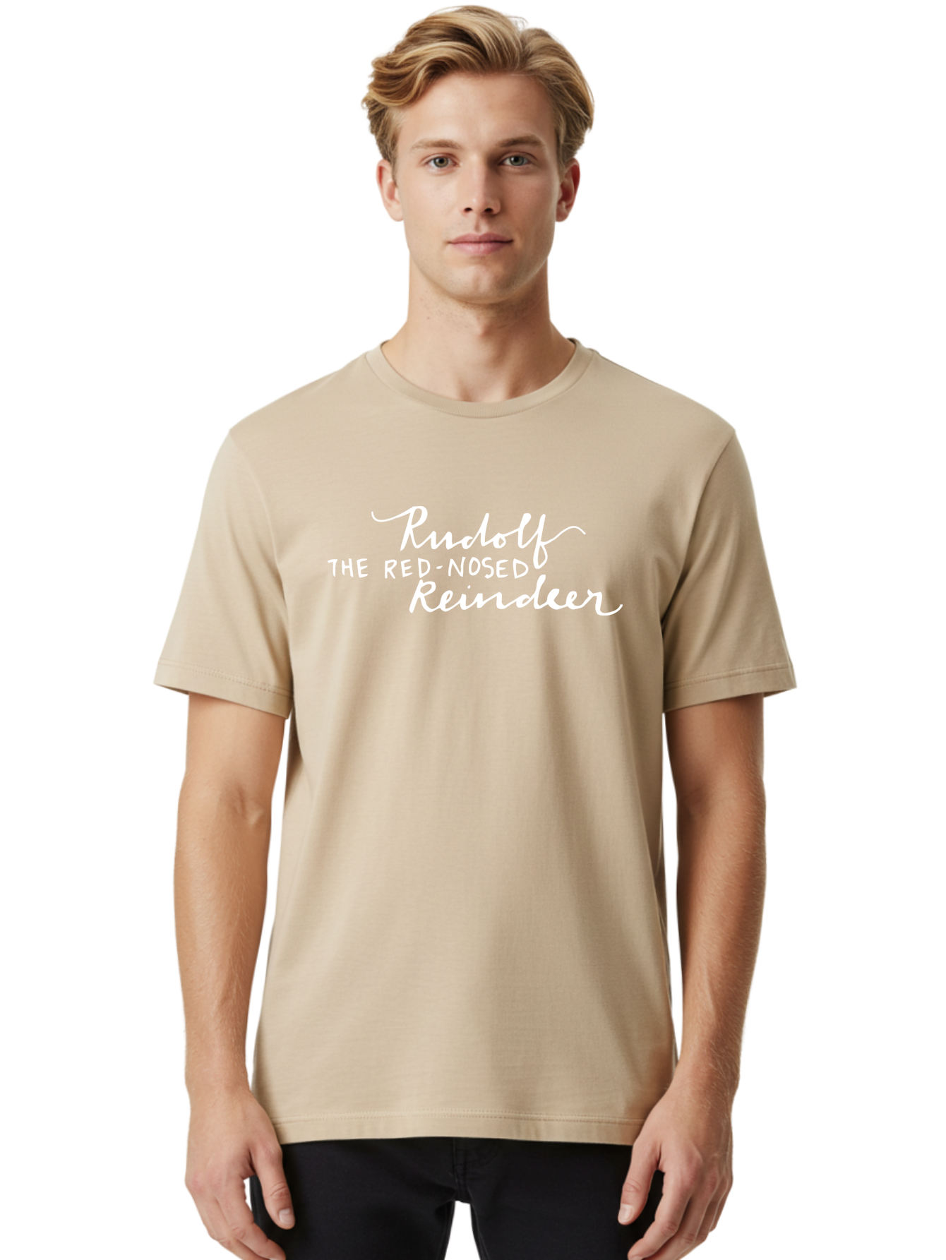 Rudolf-The-Red-Nosed-Reindeer-1 Men'S Graphic Tee, 100% Cotton, Comfortable Casual Summer Wear, Machine Washable, Christmas Classic, Holiday Cheer, Festive Typography, Rudolf The Red-Nosed Reindeer, Christmas Song, White Text, Holiday Graphics Aab088
