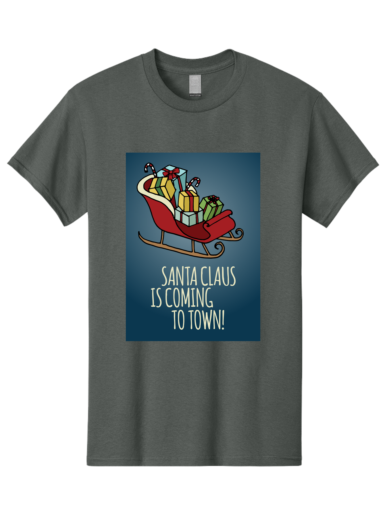 Santa-Claus-Is-Coming-To-Town Men'S Graphic Tee, 100% Cotton, Comfortable Casual Summer Wear, Machine Washable, Santa Claus, Christmas Gifts, Holiday Season, Festive Sleigh, Candy Canes, Wrapped Presents, Christmas Magic, Joyful Atmosphere, Aab093